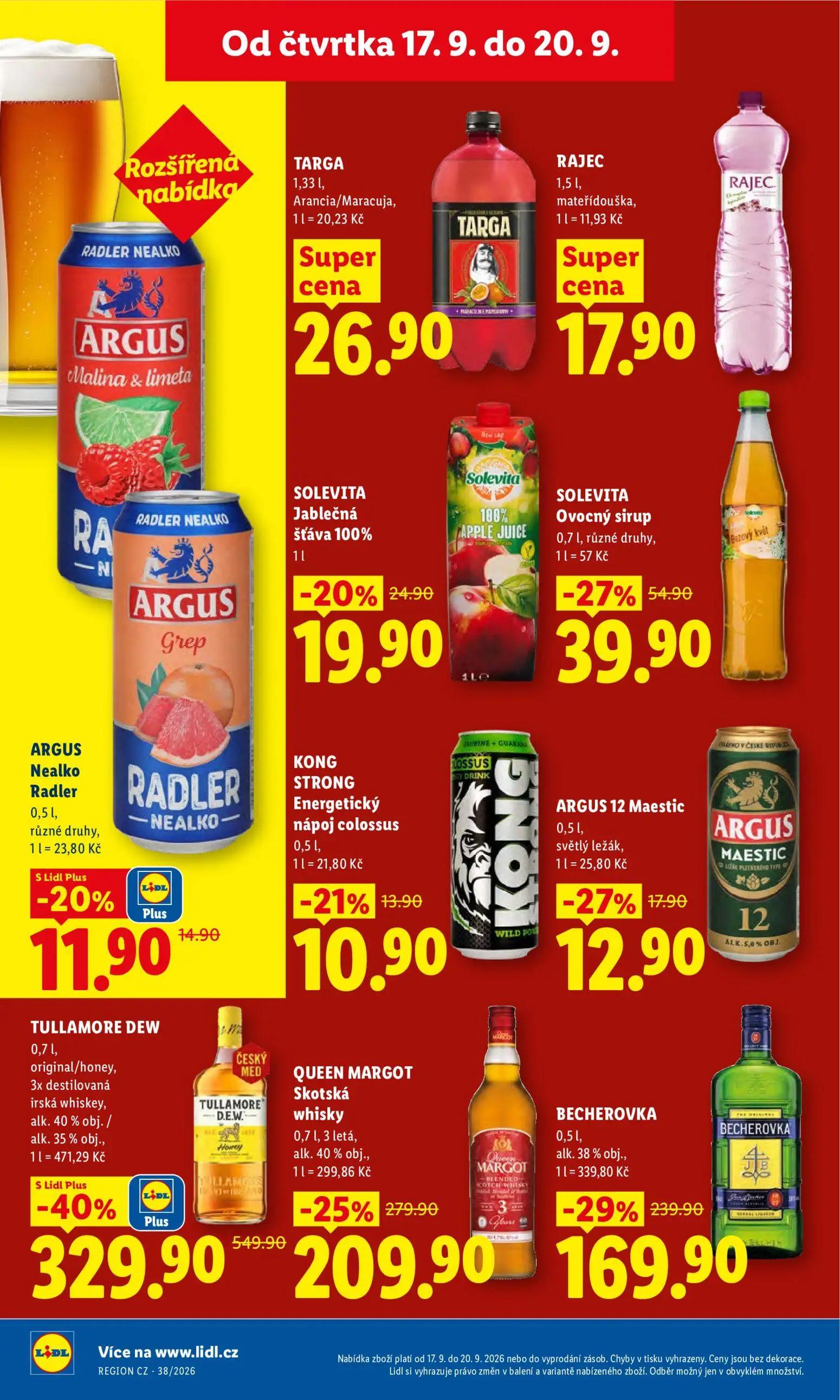 Lidl leták, strana 21 z 42 — TULLAMORE DEW original/honey, 3x destilovaná irská whiskey, QUEEN MARGOT Skotská whisky, BECHER…