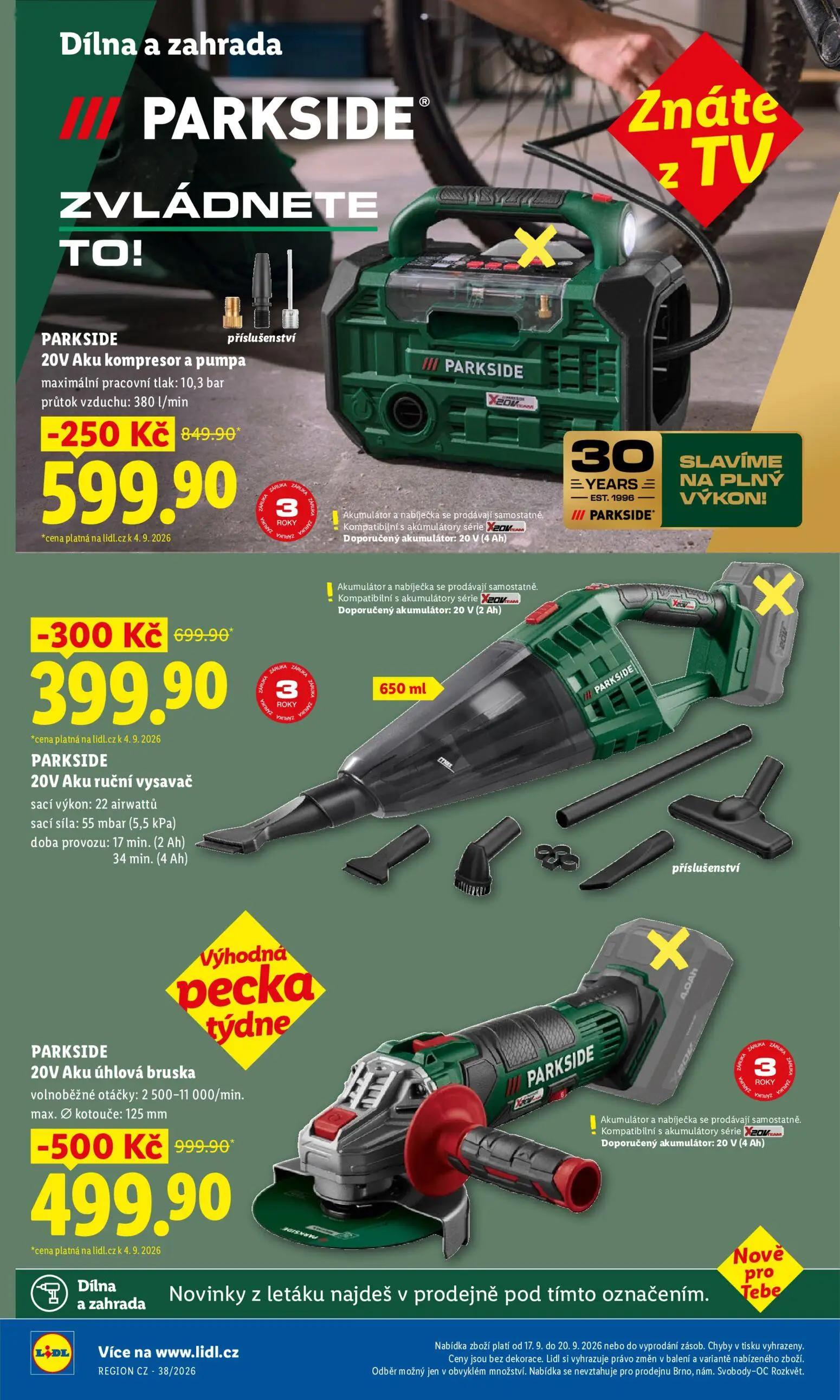 Lidl leták, strana 28 z 42 — PARKSIDE 20V Aku úhlová bruska, PARKSIDE 20V Aku ruční vysavač, PARKSIDE 20V Aku kompresor a pu…