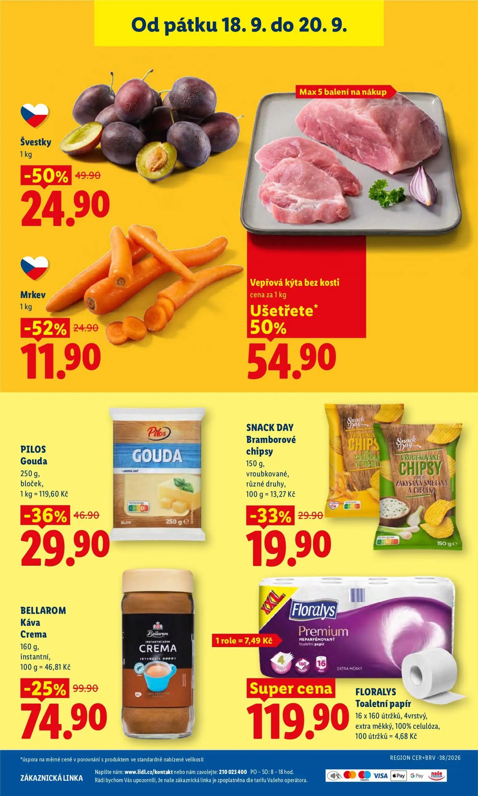 Lidl leták, strana 41 z 42 — Vepřová kýta bez kosti, Švestky, BELLAROM Káva Crema