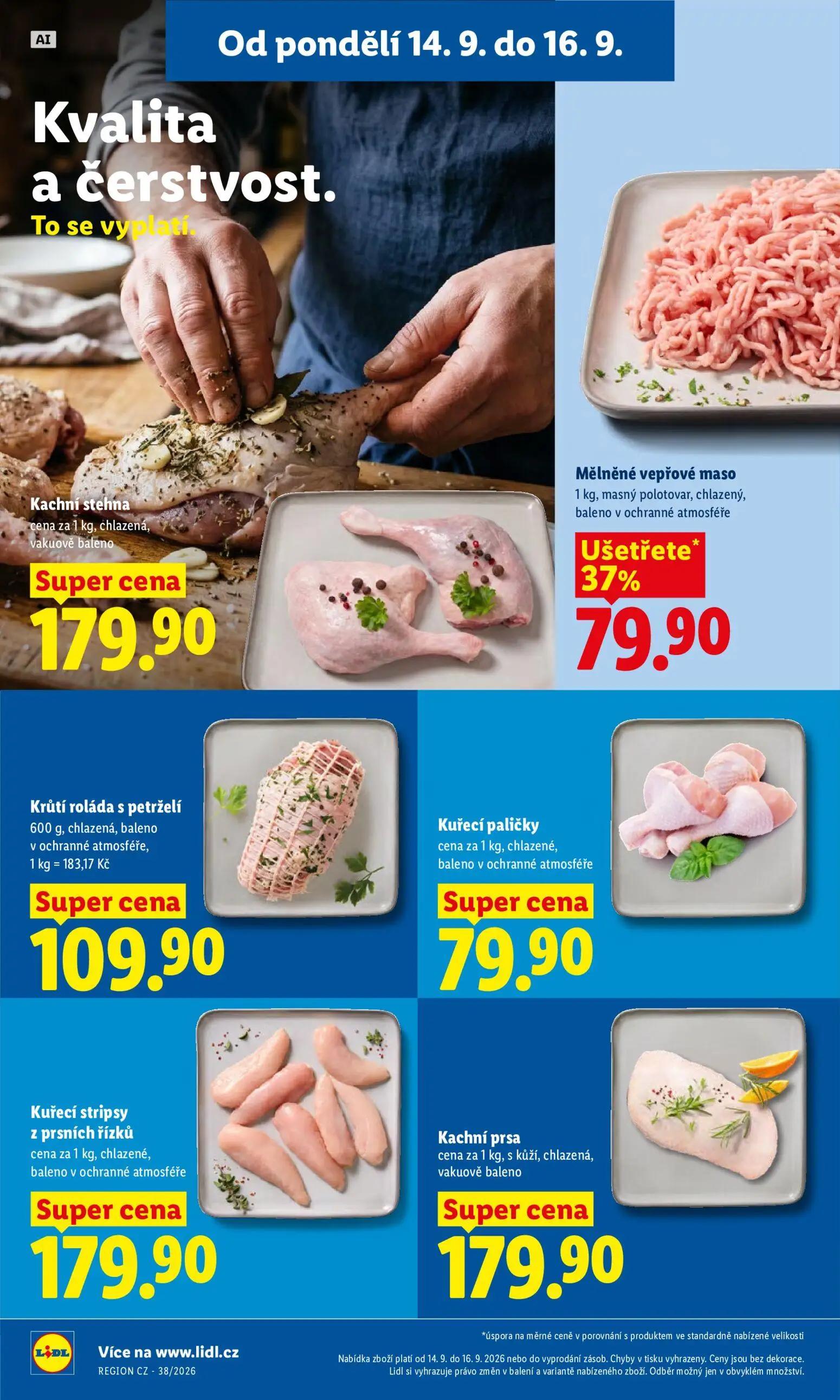 Lidl leták, strana 16 z 53 — Mělněné vepřové maso, Kuřecí paličky, Kuřecí stripsy z prsních řízků