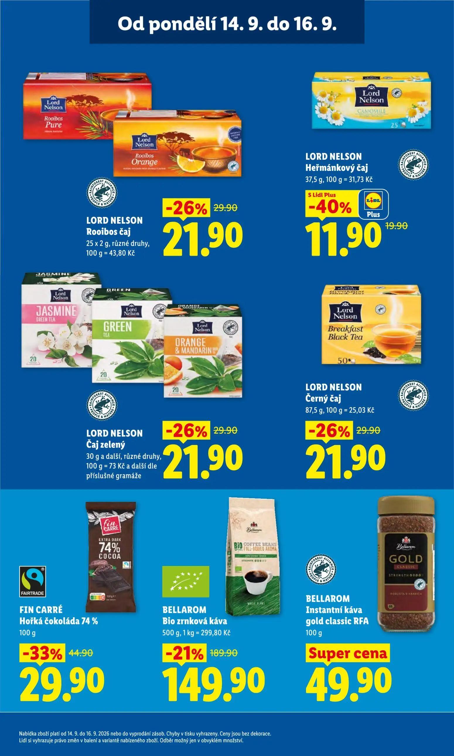 Lidl leták, strana 37 z 53 — BELLAROM Bio zrnková káva, FIN CARRÉ Hořká čokoláda 74%, LORD NELSON Rooibos čaj