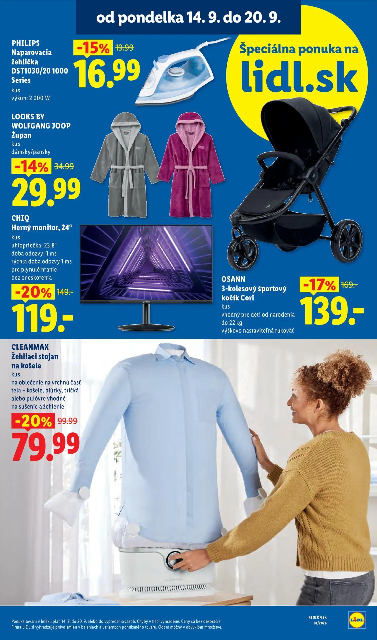 Lidl leták, strana 9 z 105 — CHIQ Herný monitor, 24", OSANN 3-kolesový športový kočík Cori, CLEANMAX Žehliaci stojan na koše…