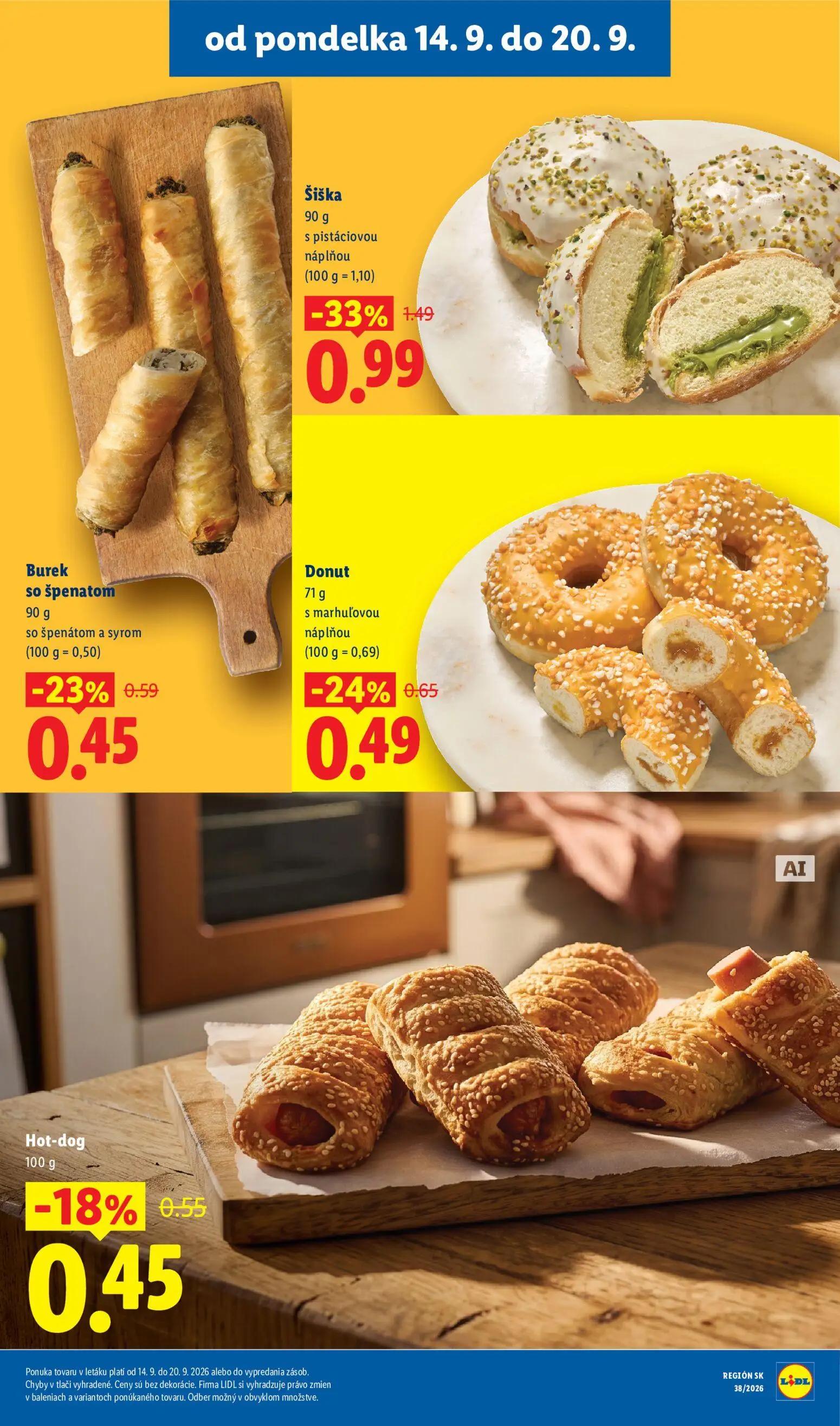 Lidl leták, strana 12 z 105 — Šiška s pistáciovou náplňou, Donut s marhuľovou náplňou, Burek so špenátom a syrom