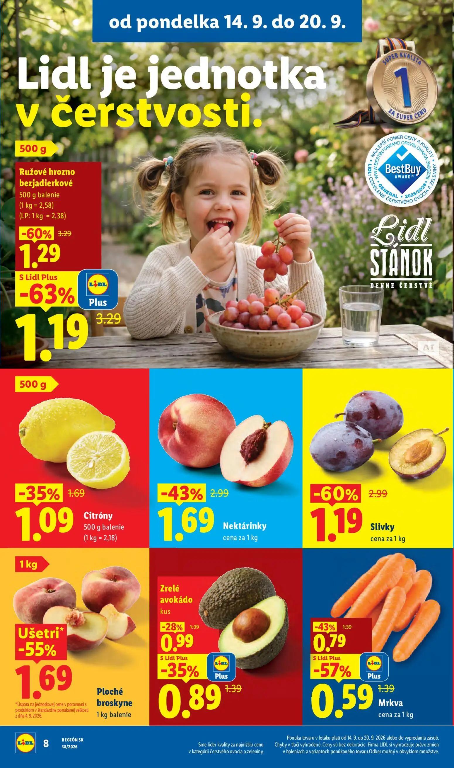 Lidl leták, strana 14 z 105 — Ružové hrozno bezjadierkové, Ploché broskyne, Slivky