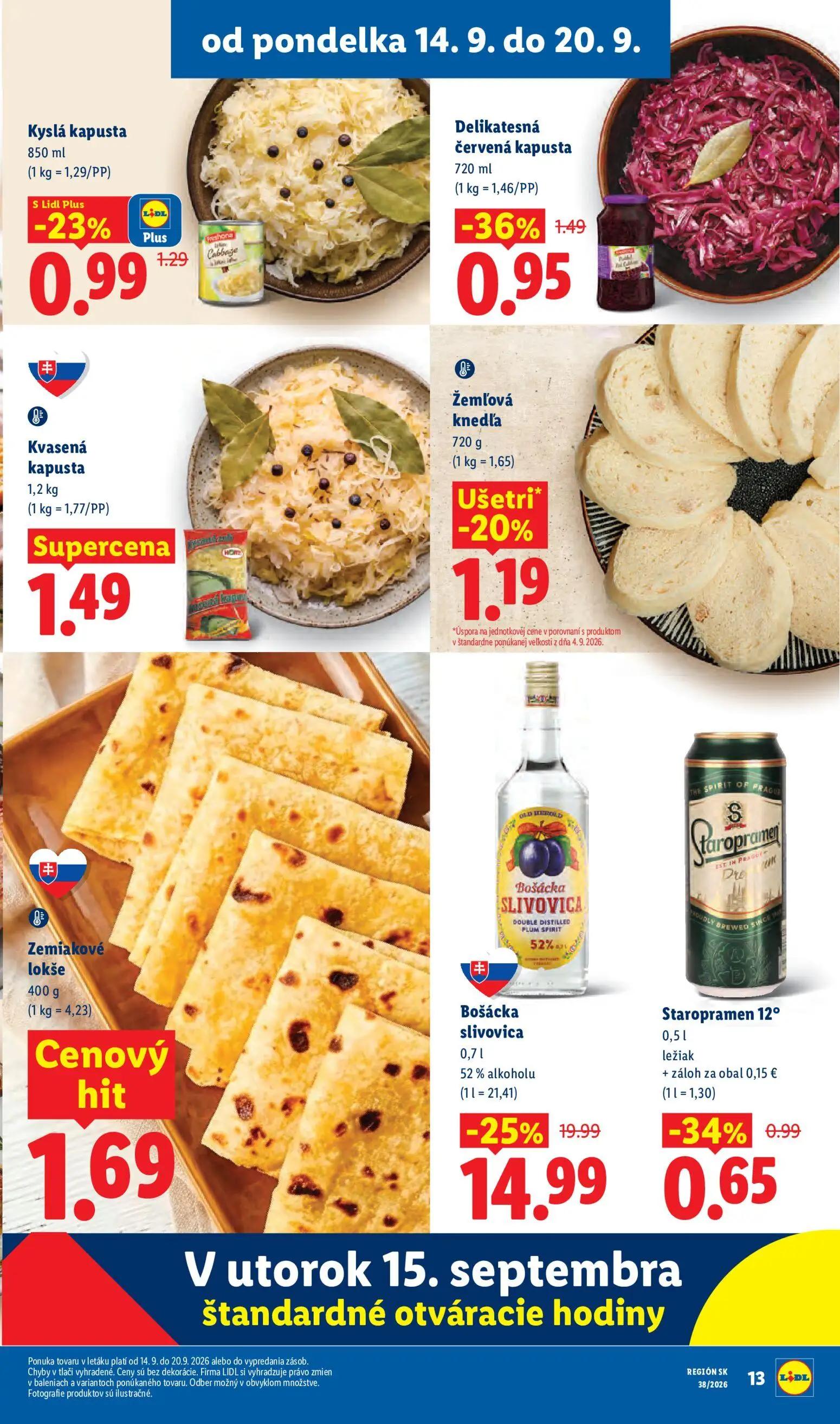 Lidl leták, strana 19 z 105 — Bošácka slivovica, Delikatesná červená kapusta, Staropramen 12°