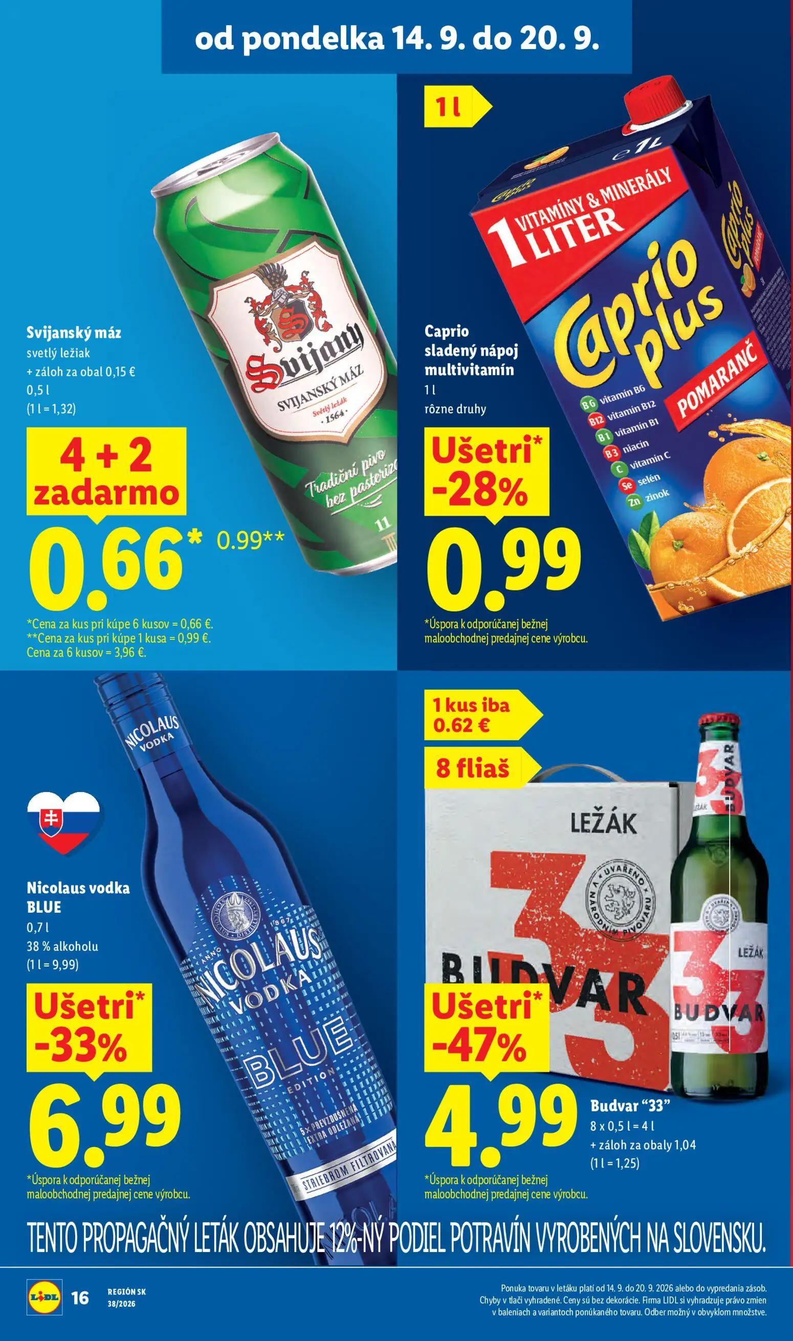 Lidl leták, strana 22 z 105 — Budvar "33", Nicolaus vodka BLUE, Caprio sladený nápoj multivitamín