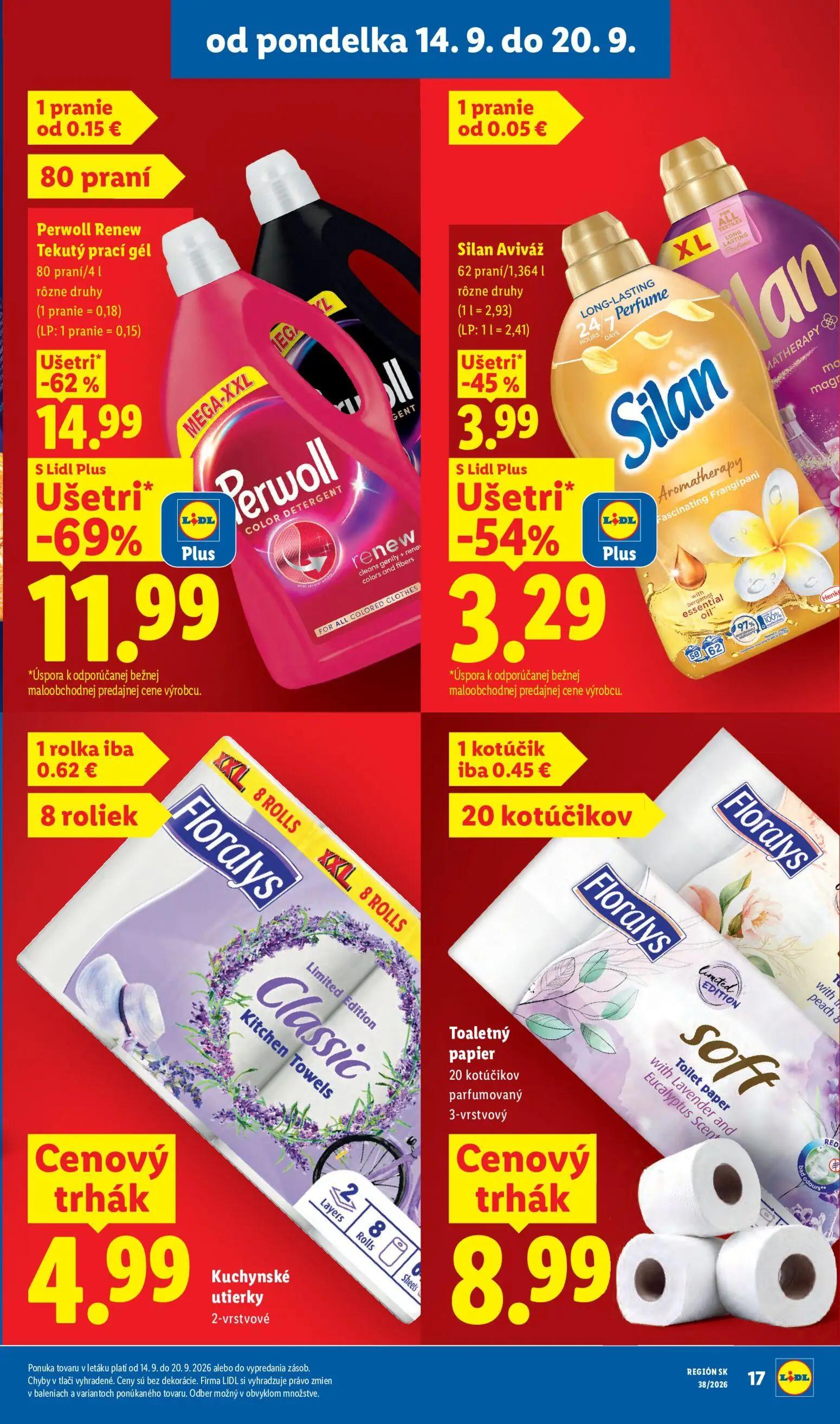 Lidl leták, strana 23 z 105 — Perwoll Renew Tekutý prací gél, Silan Aviváž, Kuchynské utierky