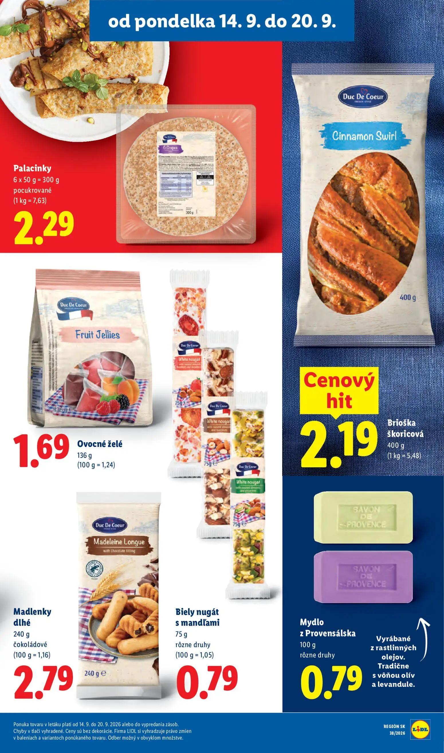 Lidl leták, strana 29 z 105 — Palacinky pocukrované, Ovocné želé, Madlenky dlhé čokoládové