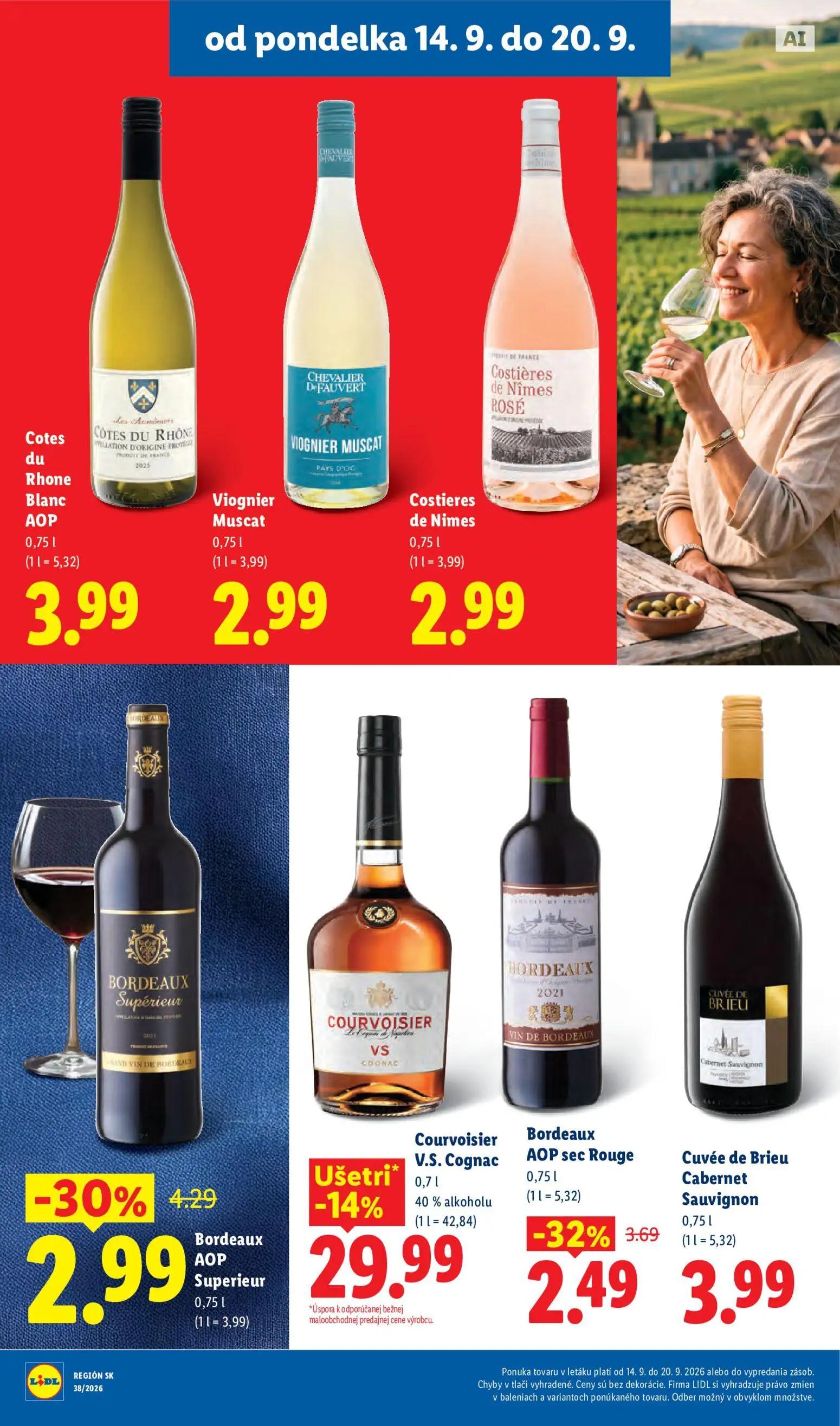 Lidl leták, strana 30 z 105 — Courvoisier V.S. Cognac, Bordeaux AOP Superieur, Bordeaux AOP sec Rouge
