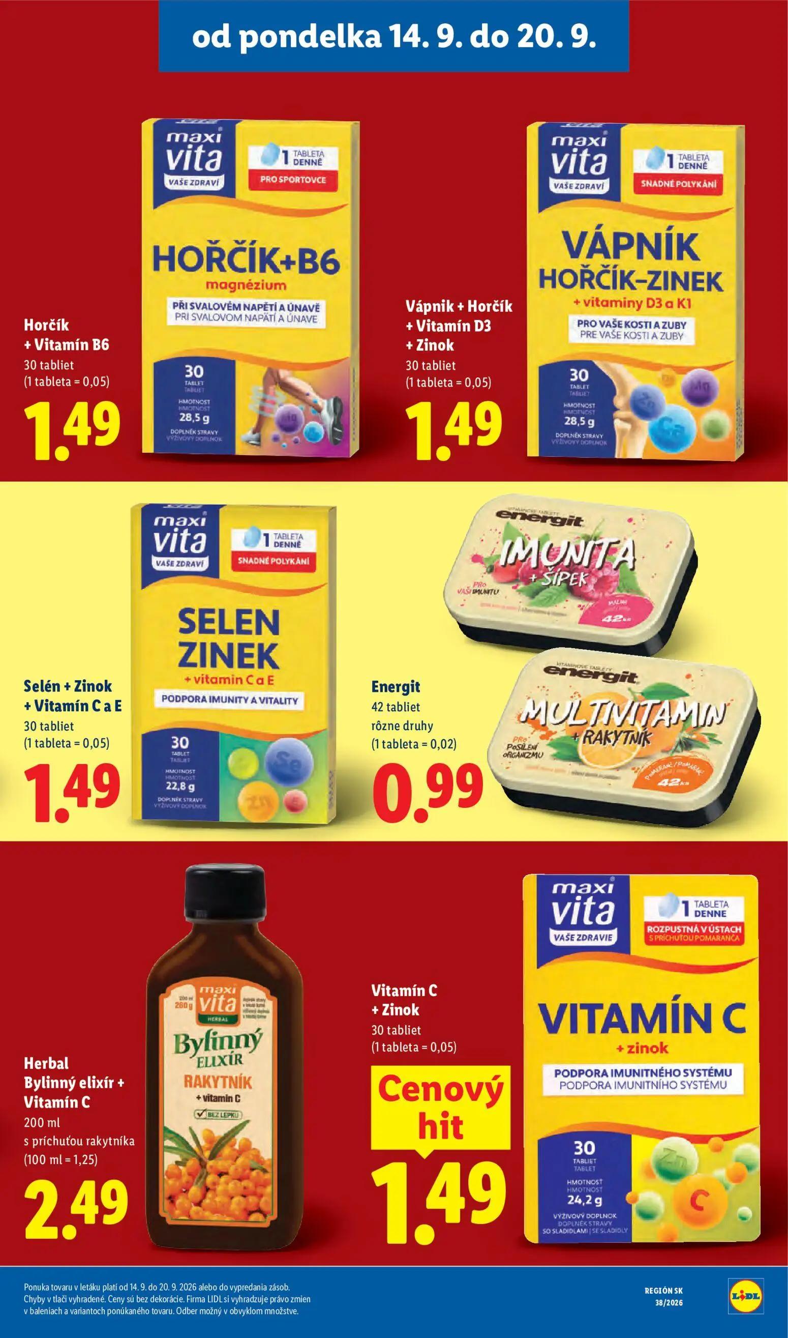 Lidl leták, strana 35 z 105 — Horčík + Vitamín B6, Vápnik + Horčík + Vitamín D3 + Zinok, Selén + Zinok + Vitamín Ca E