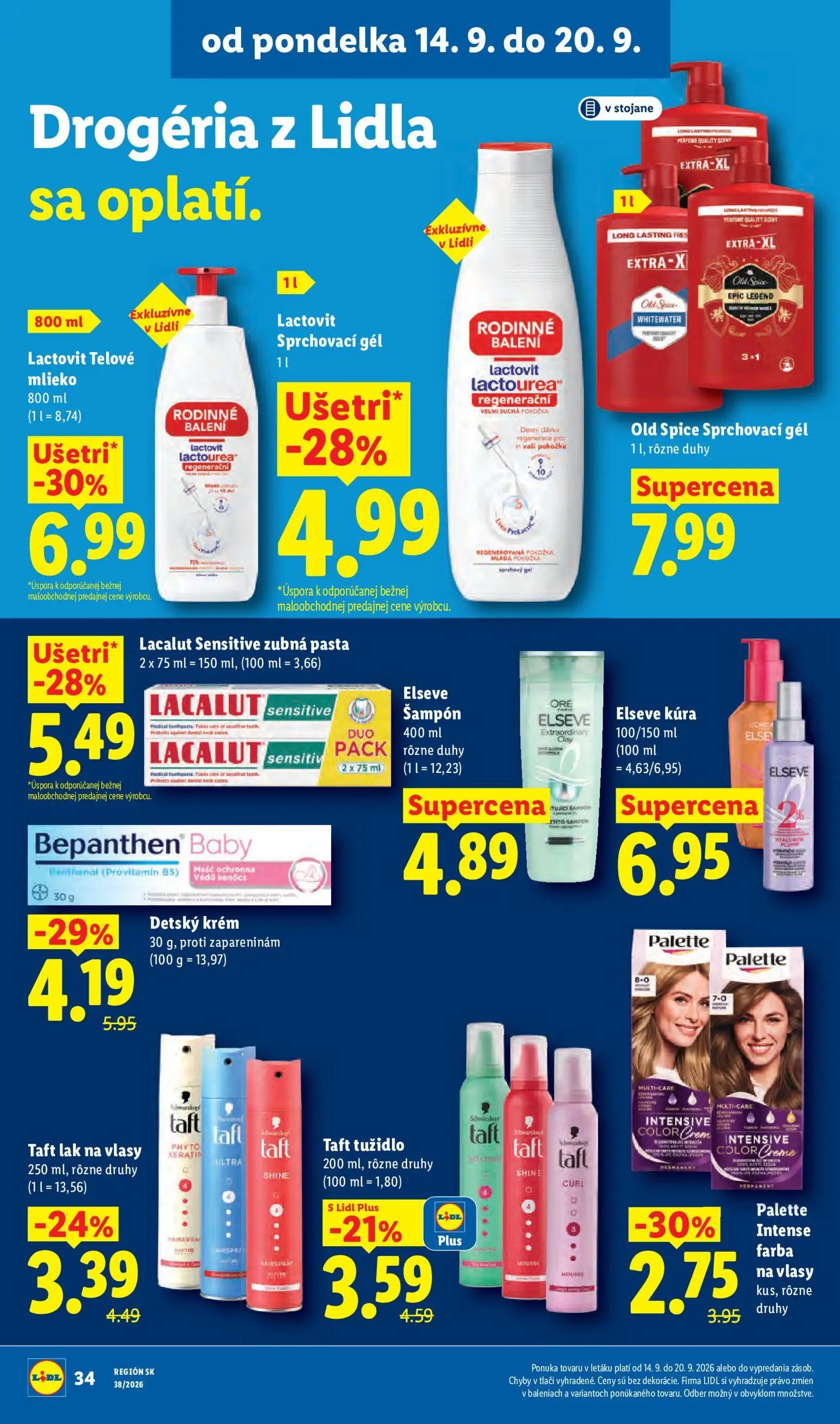 Lidl leták, strana 46 z 105 — Lactovit Telové mlieko, Lacalut Sensitive zubná pasta, Lactovit Sprchovací gél