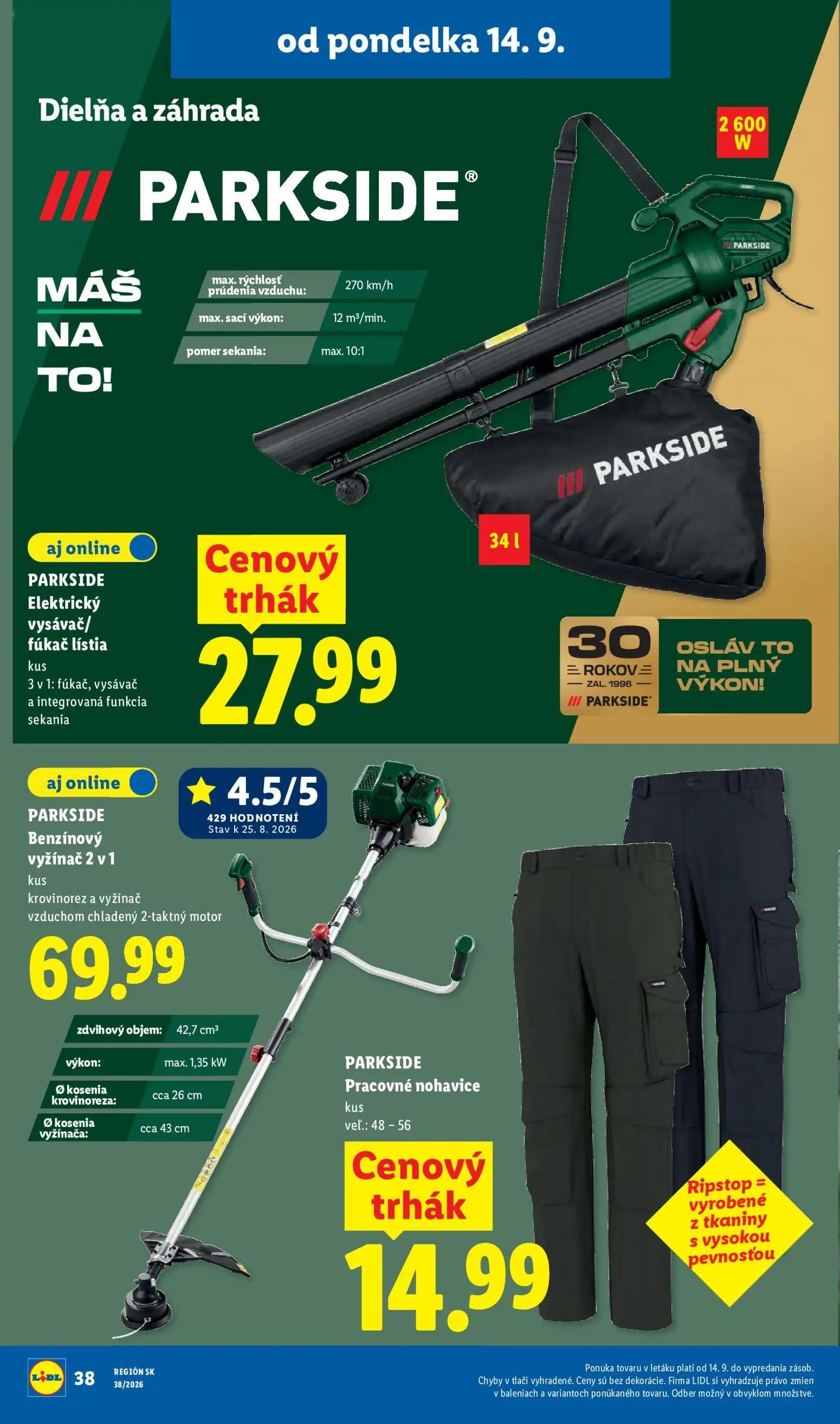 Lidl leták, strana 54 z 105 — PARKSIDE Elektrický vysávač/fúkač lístia, PARKSIDE Benzínový vyžínač 2 v 1, PARKSIDE Pracovné …