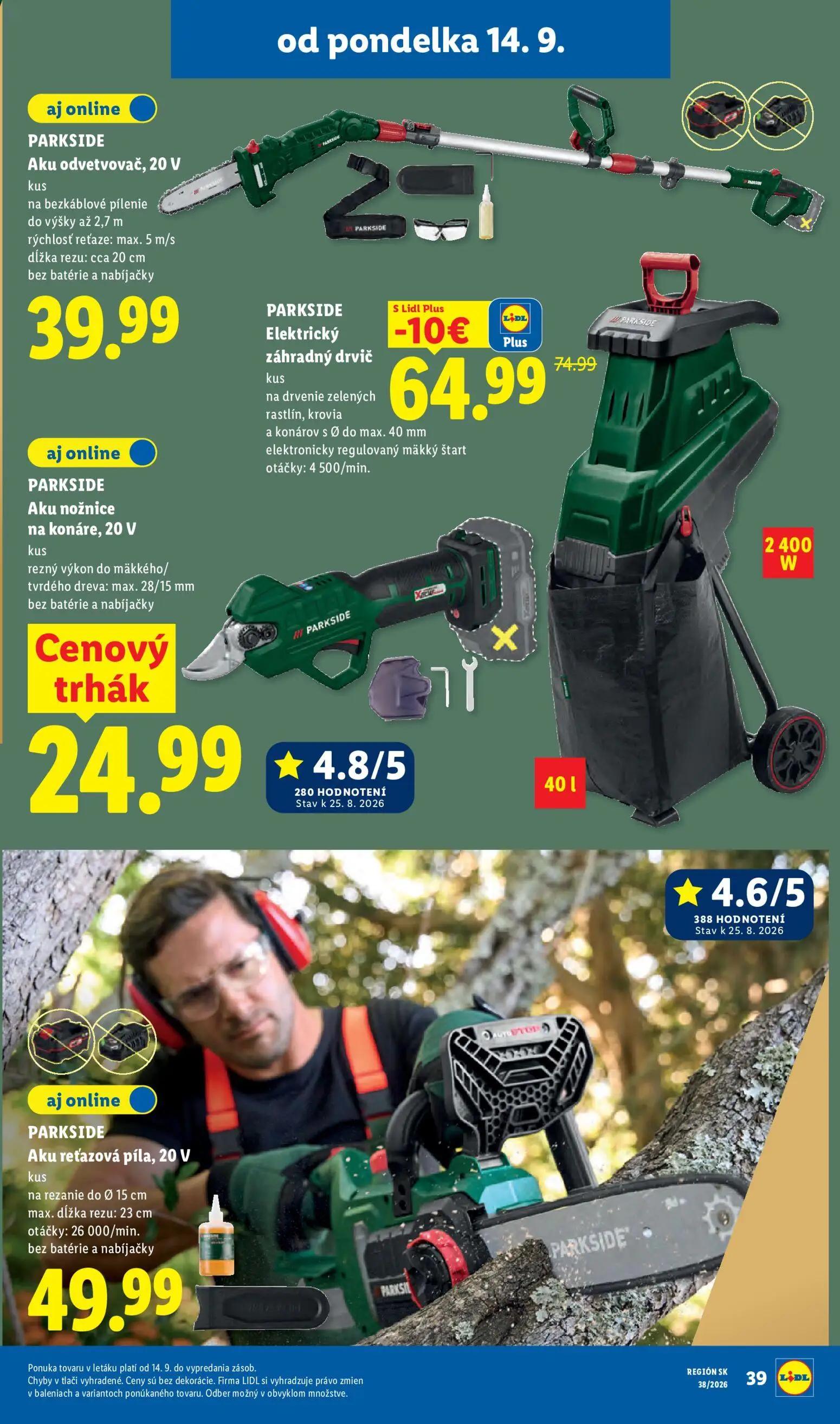 Lidl leták, strana 55 z 105 — PARKSIDE Elektrický záhradný drvič, PARKSIDE Aku odvetvovač, 20 V, PARKSIDE Aku nožnice na kon…