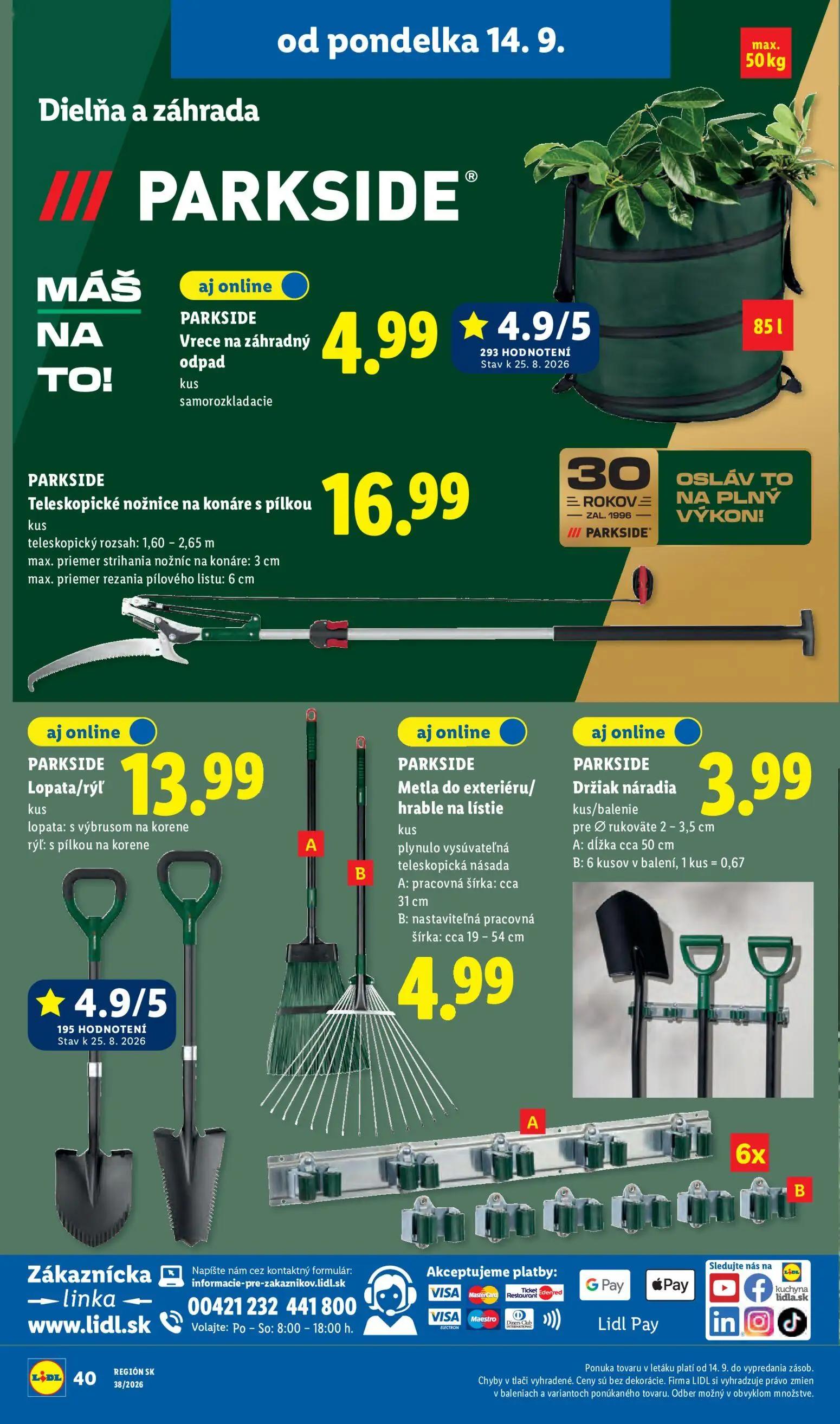 Lidl leták, strana 56 z 105 — PARKSIDE Vrece na záhradný odpad, PARKSIDE Teleskopické nožnice na konáre s pílkou, PARKSIDE L…