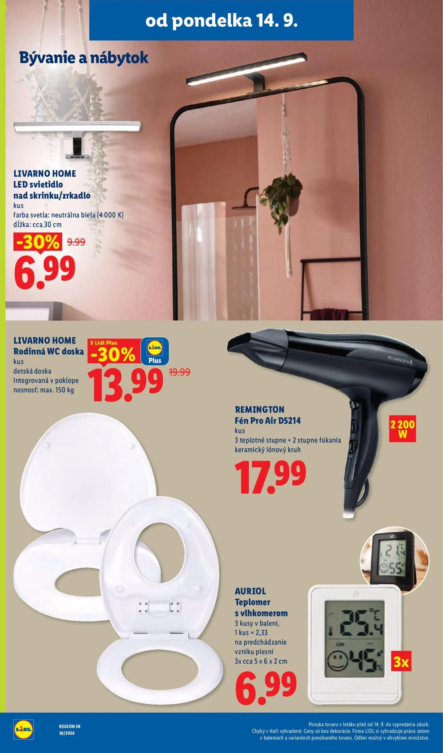 Lidl leták, strana 60 z 105 — LIVARNO HOME Rodinná WC doska, LIVARNO HOME LED svietidlo nad skrinku/zrkadlo, REMINGTON Fén P…