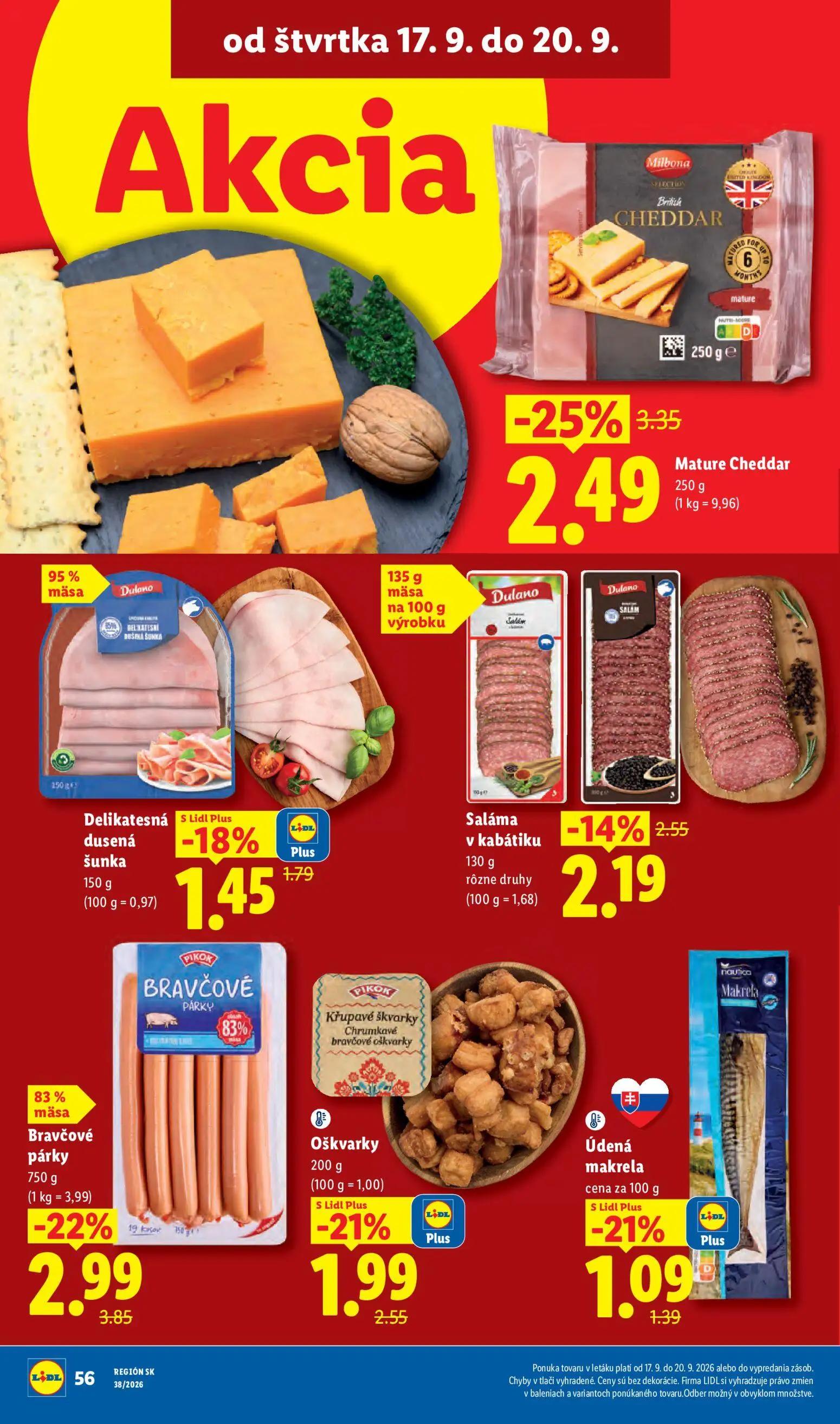 Lidl leták, strana 68 z 105 — Mature Cheddar, Bravčové párky, Oškvarky