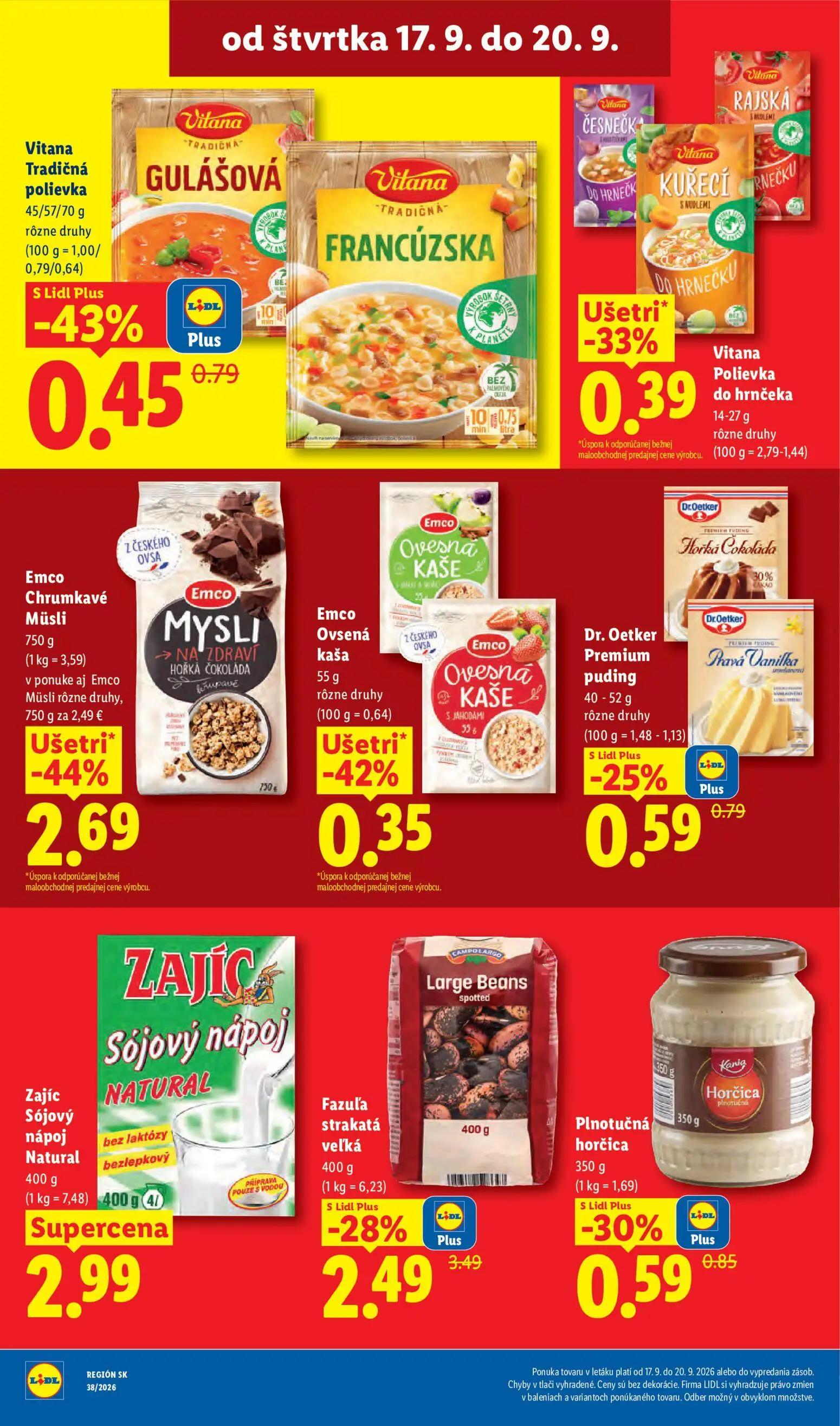 Lidl leták, strana 70 z 105 — Emco Chrumkavé Müsli, Fazuľa strakatá veľká, Vitana Tradičná polievka