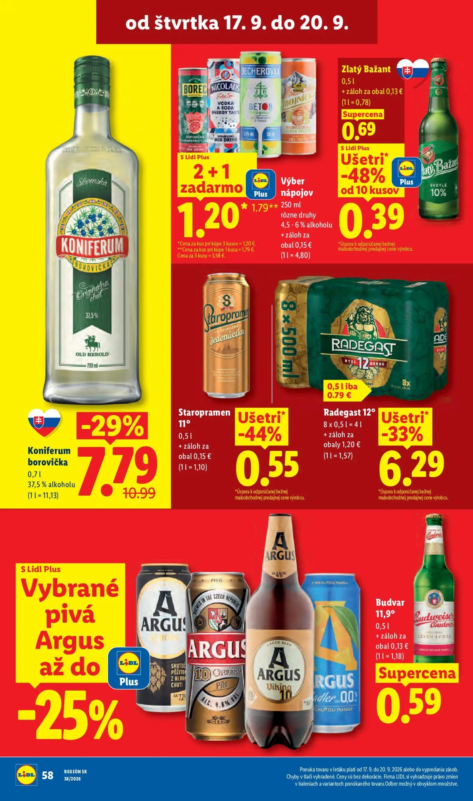 Lidl leták, strana 72 z 105 — Koniferum borovička, Radegast 12°, Výber nápojov BORED, NICOLAUS, BECHEROVKA, BETON, BOJNICI, …
