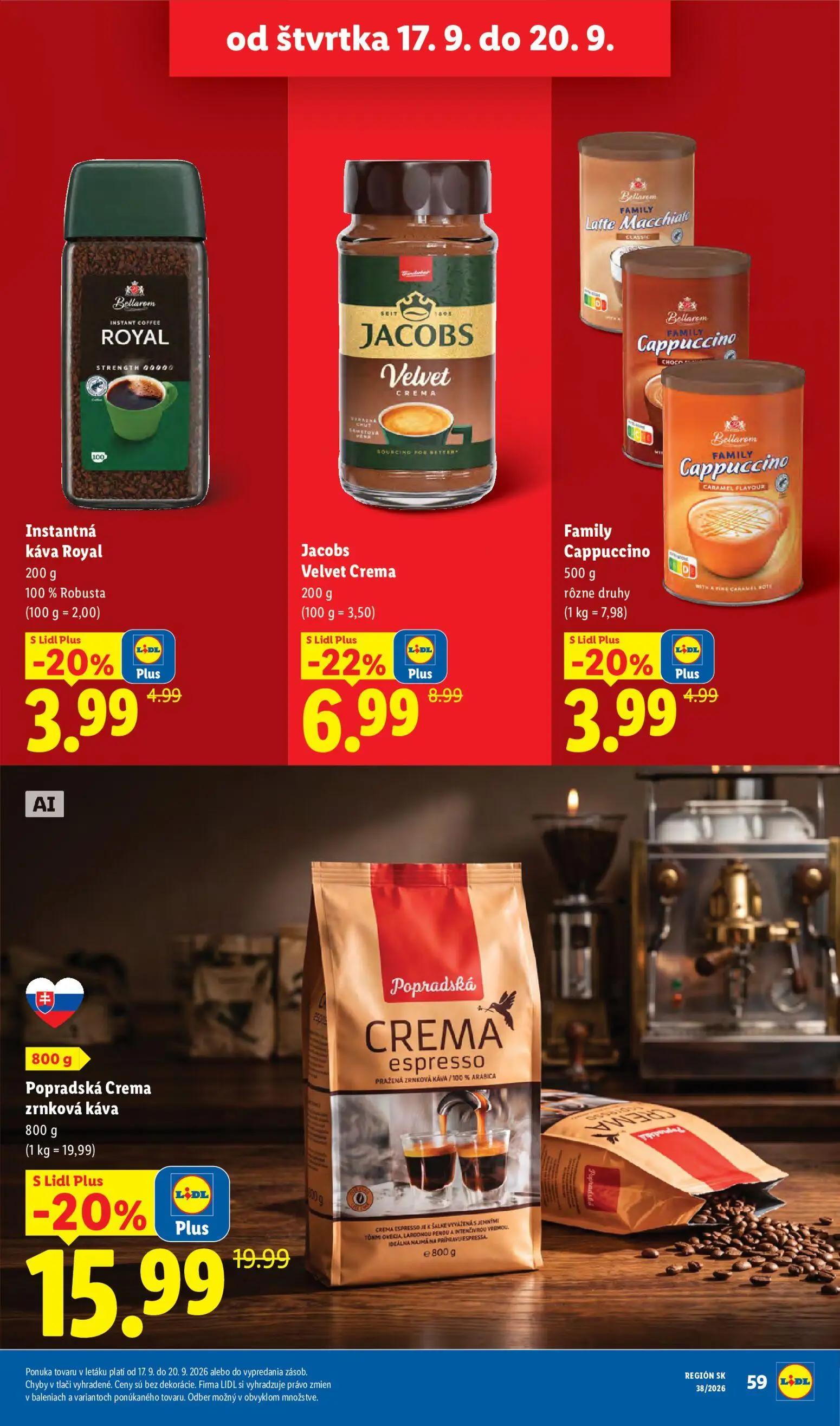 Lidl leták, strana 75 z 105 — Popradská Crema zrnková káva, Jacobs Velvet Crema, Instantná káva Royal