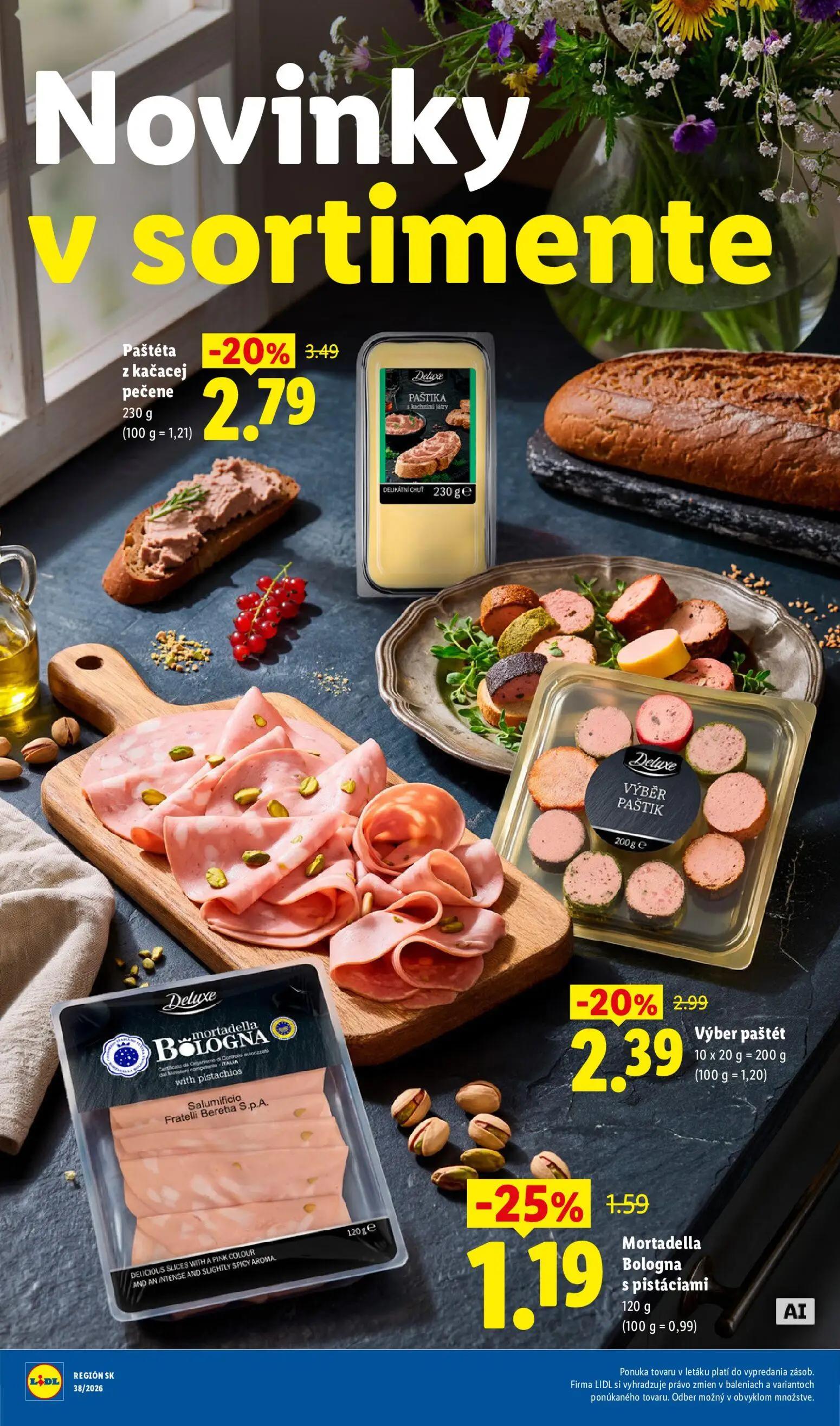 Lidl leták, strana 77 z 105 — Paštéta z kačacej pečene, Výber paštét, Mortadella Bologna s pistáciami