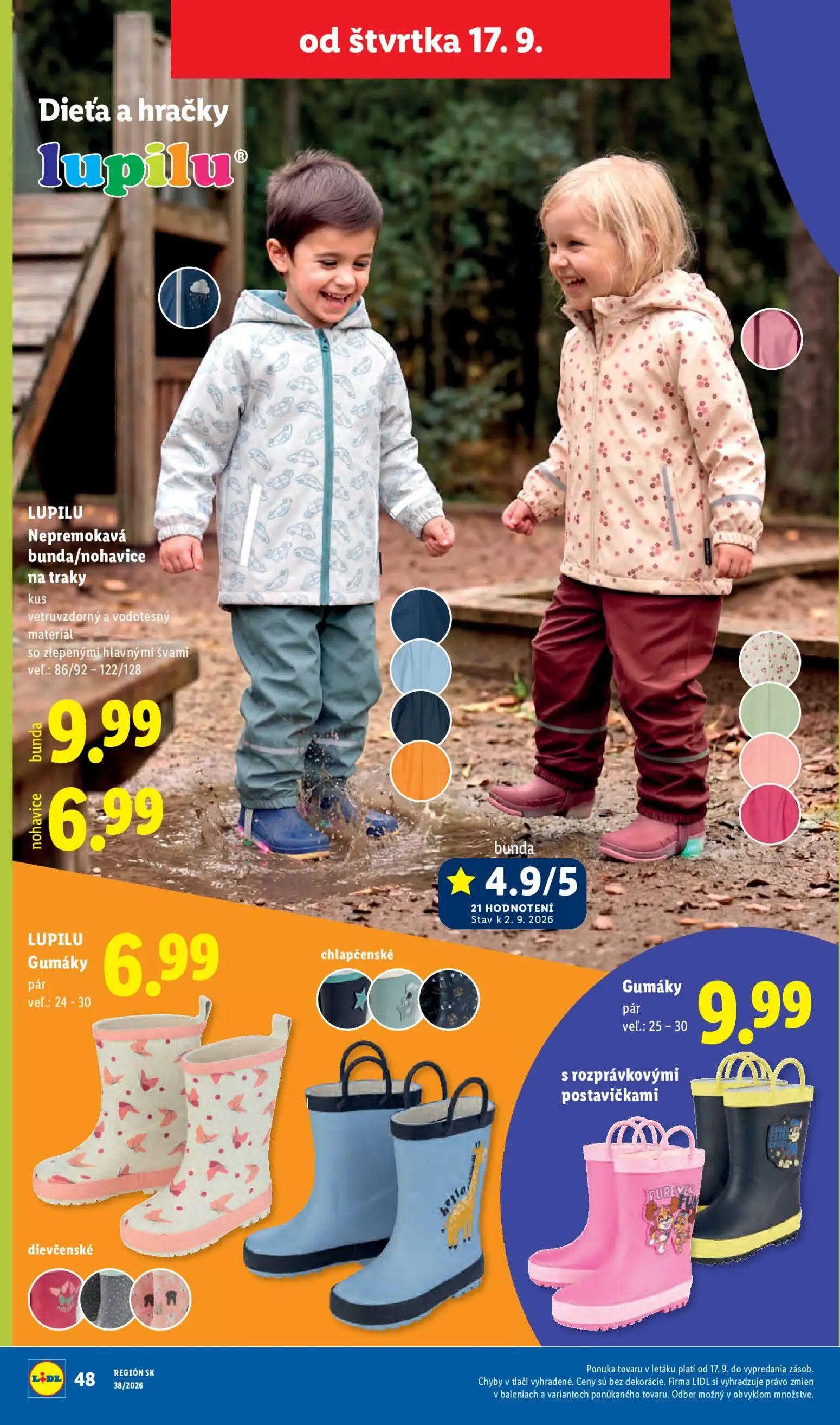 Lidl leták, strana 90 z 105 — Nepremokavá bunda, nohavice na traky, LUPILU Gumáky