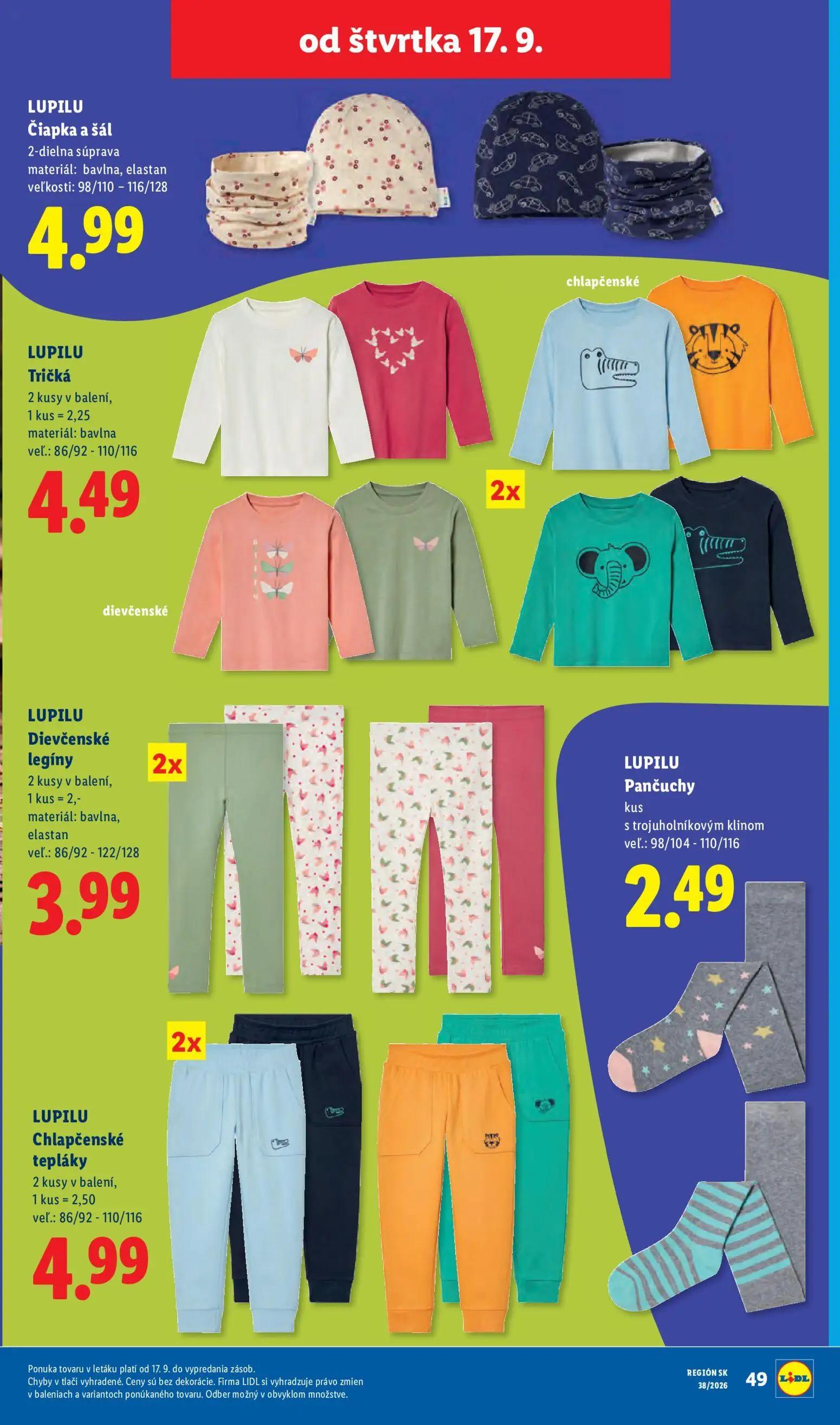 Lidl leták, strana 91 z 105 — Čiapka a šál, Tričká, Dievčenské legíny