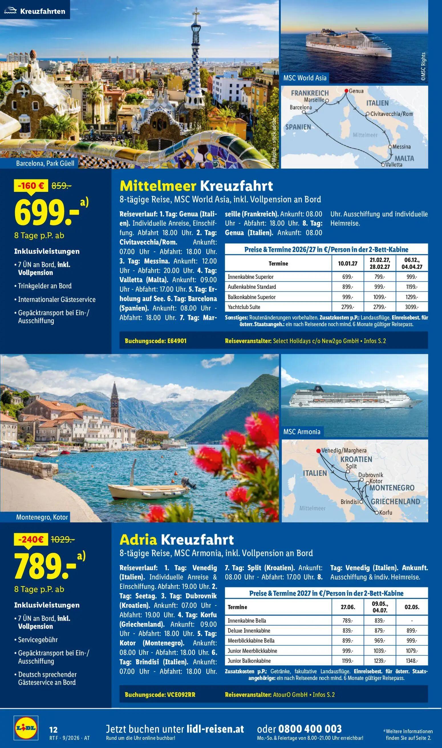 Lidl Prospekt, Seite 12 von 24 — Innenkabine Superior, Außenkabine Standard, Balkonkabine Superior