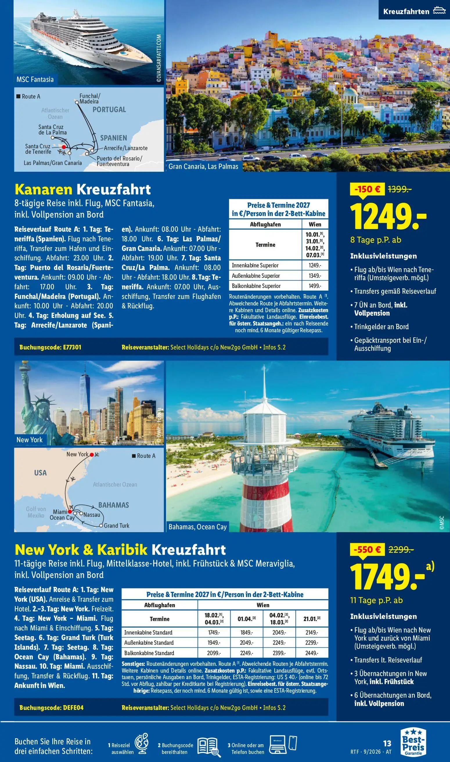 Lidl Prospekt, Seite 13 von 24 — New York & Karibik Kreuzfahrt, Innenkabine Standard, Außenkabine Standard