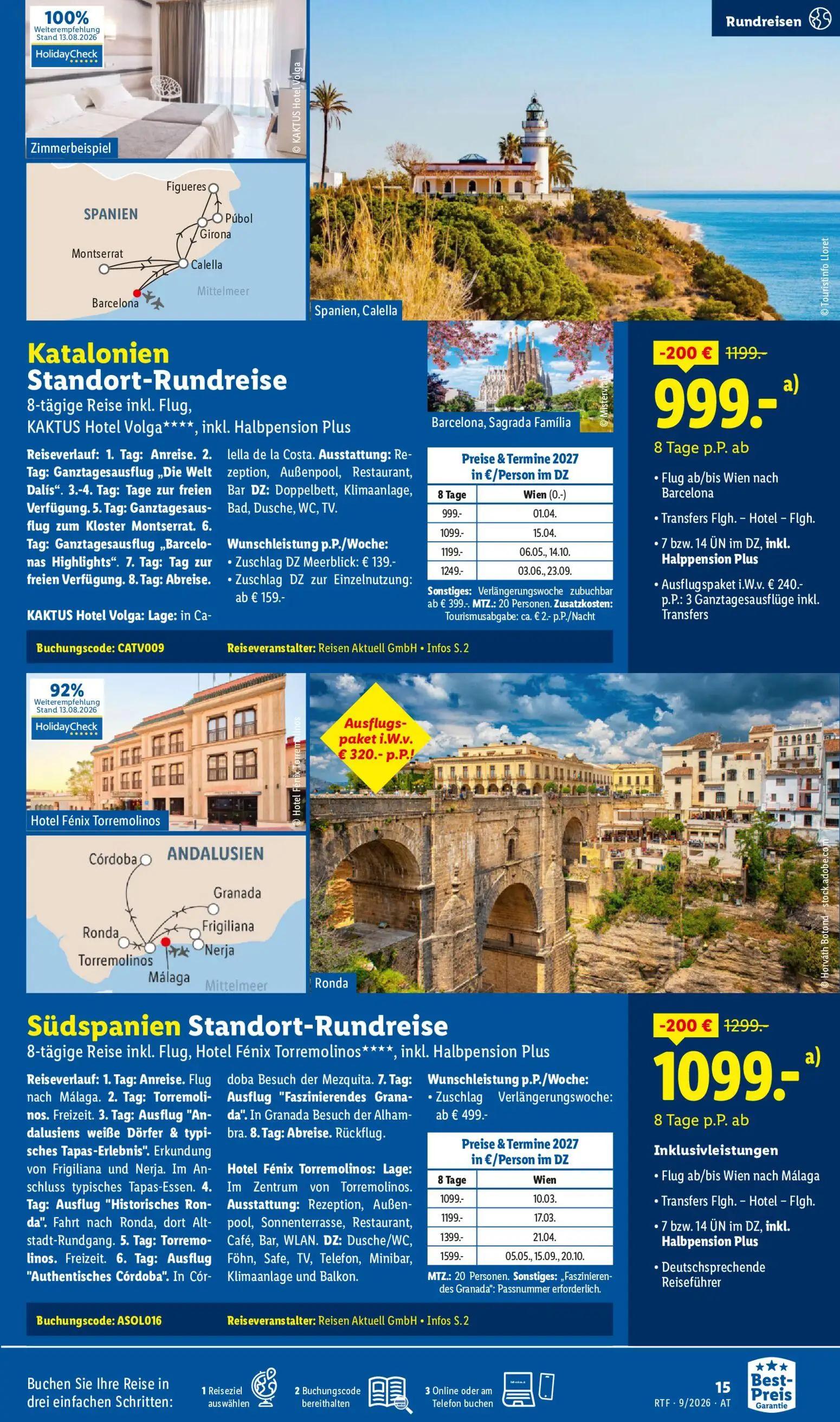 Lidl Prospekt, Seite 15 von 24 — Katalonien Standort-Rundreise, Südspanien Standort-Rundreise