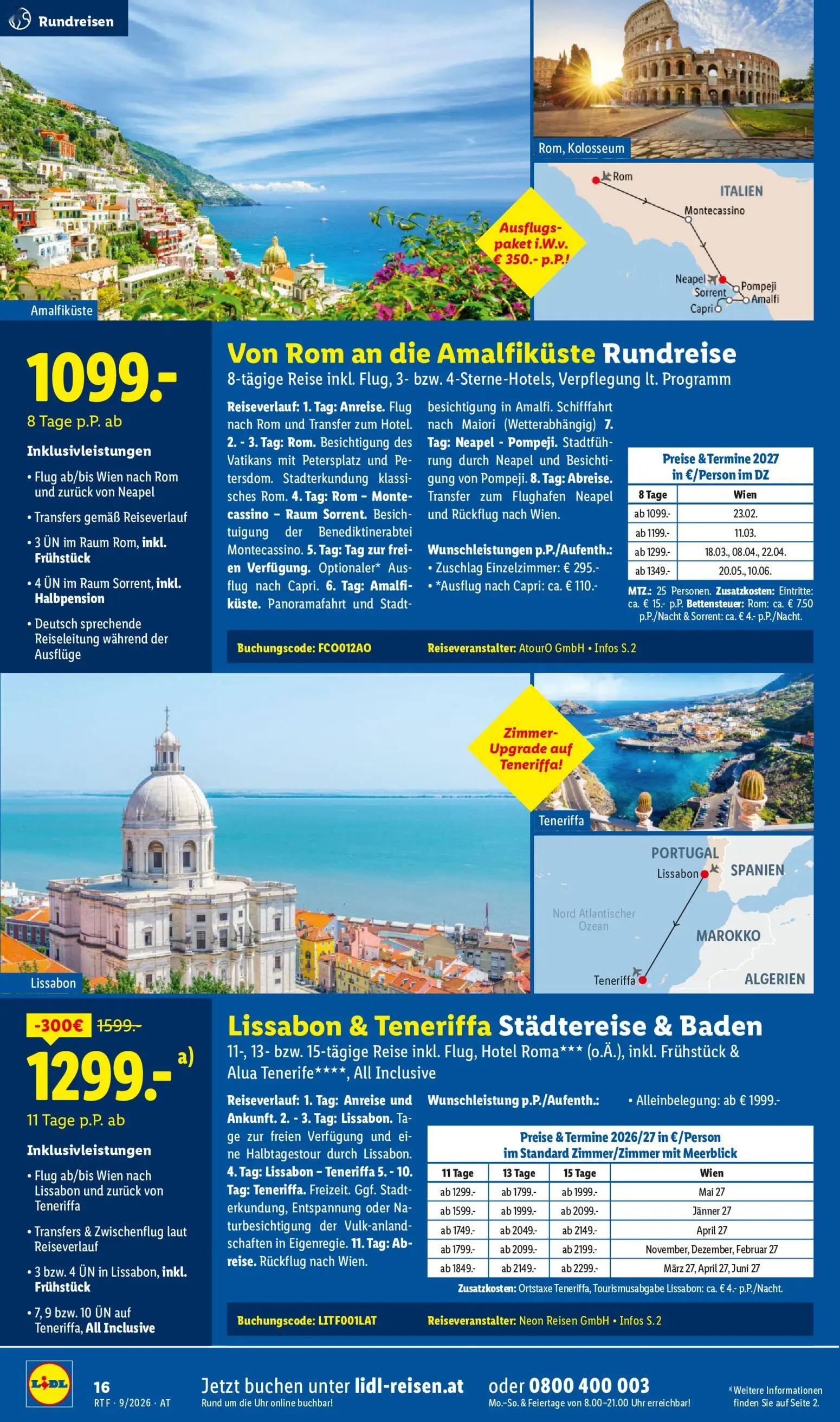 Lidl Prospekt, Seite 16 von 24 — Lissabon & Teneriffa Städtereise & Baden, Von Rom an die Amalfiküste Rundreise, Zuschlag Ei…