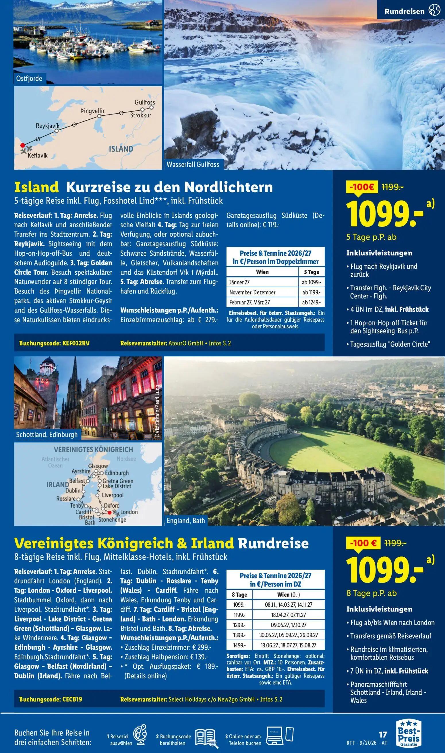 Lidl Prospekt, Seite 17 von 24 — Island Kurzreise zu den Nordlichtern, Vereinigtes Königreich & Irland Rundreise