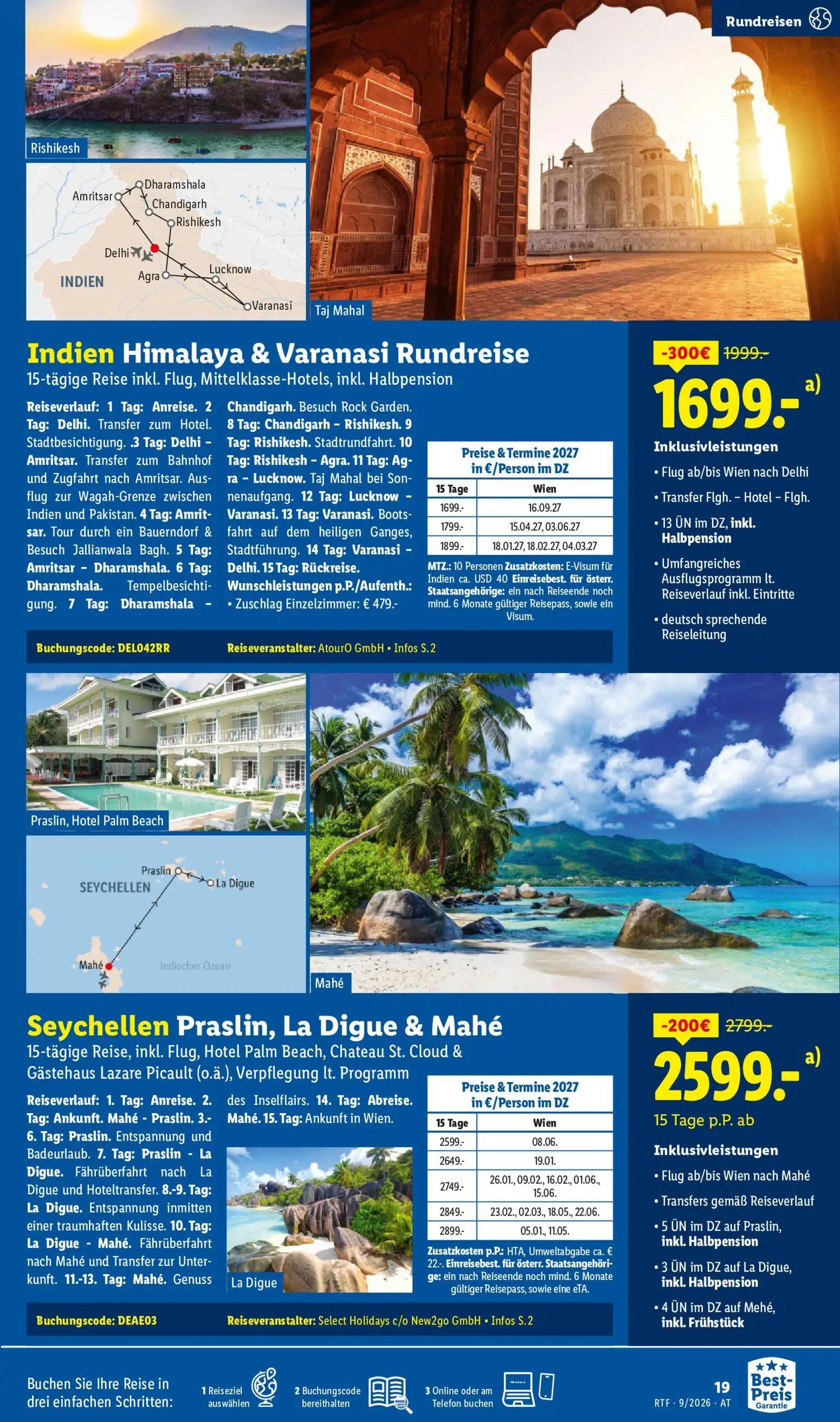 Lidl Prospekt, Seite 19 von 24 — Indien Himalaya & Varanasi Rundreise, Seychellen Praslin, La Digue & Mahé