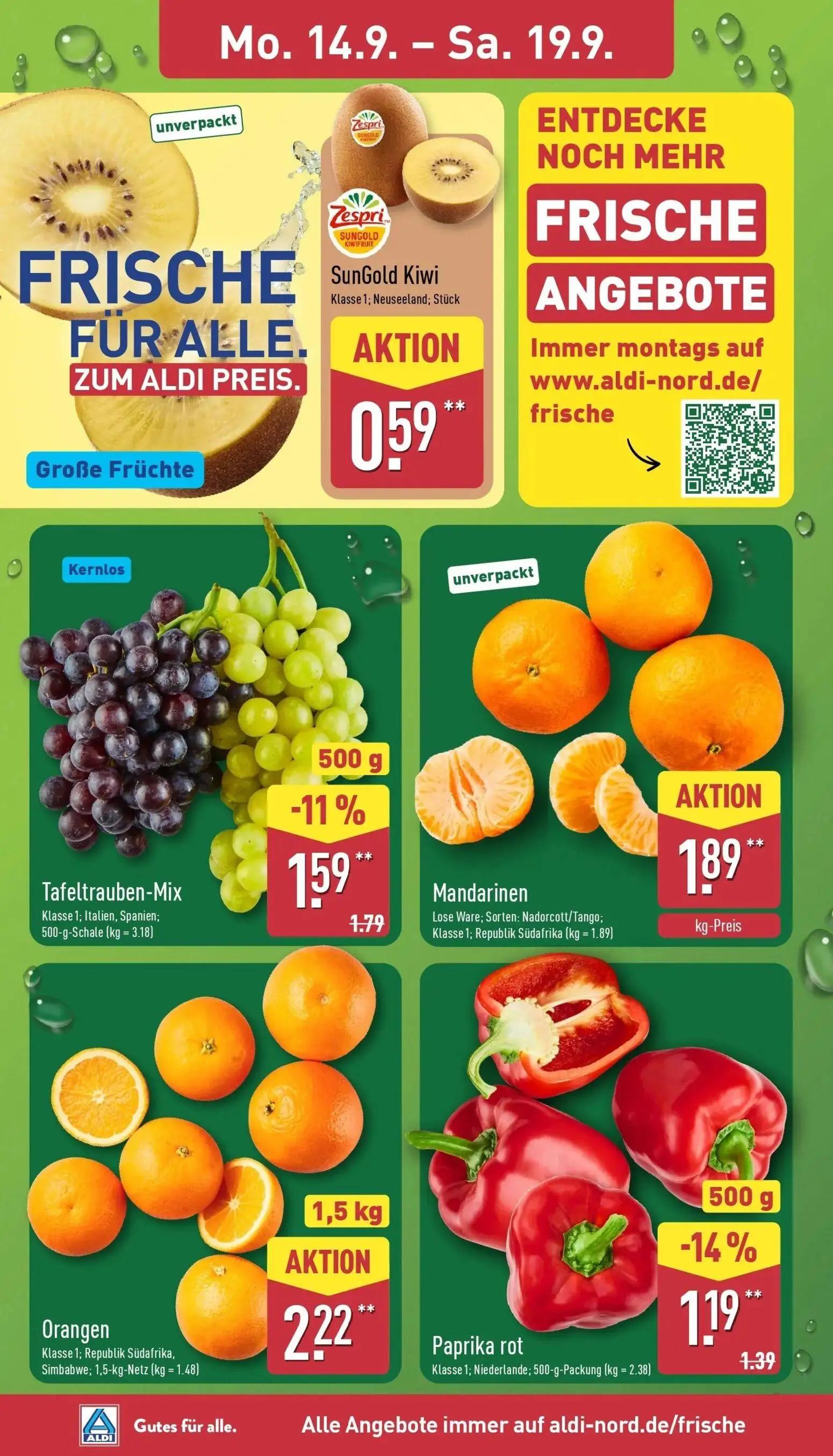 Aldi Nord Prospekt, Seite 2 von 45 — Tafeltrauben-Mix, Paprika rot, SunGold Kiwi