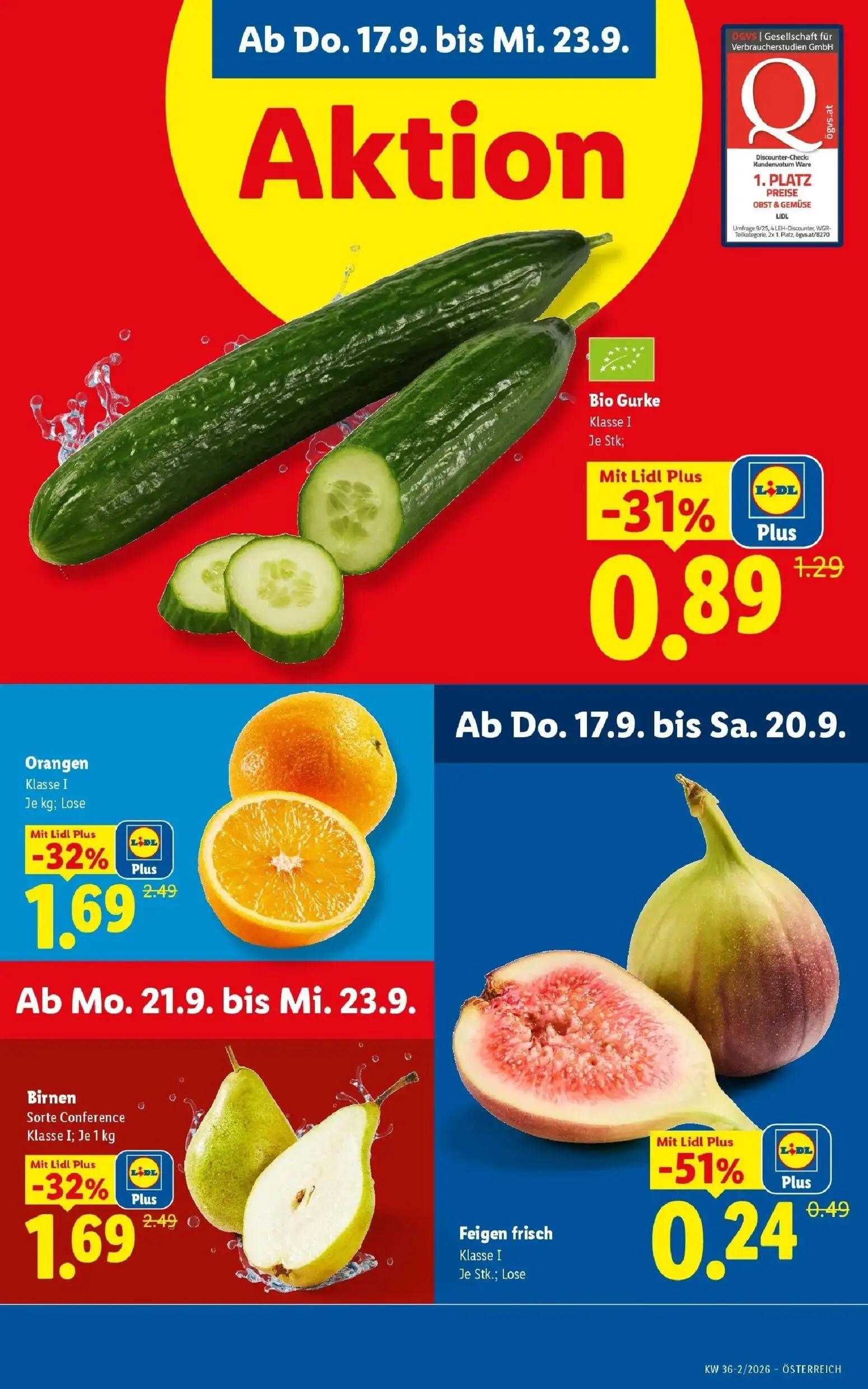 Lidl Prospekt, Seite 4 von 54 — Orangen, Birnen Sorte Conference, Bio Gurke