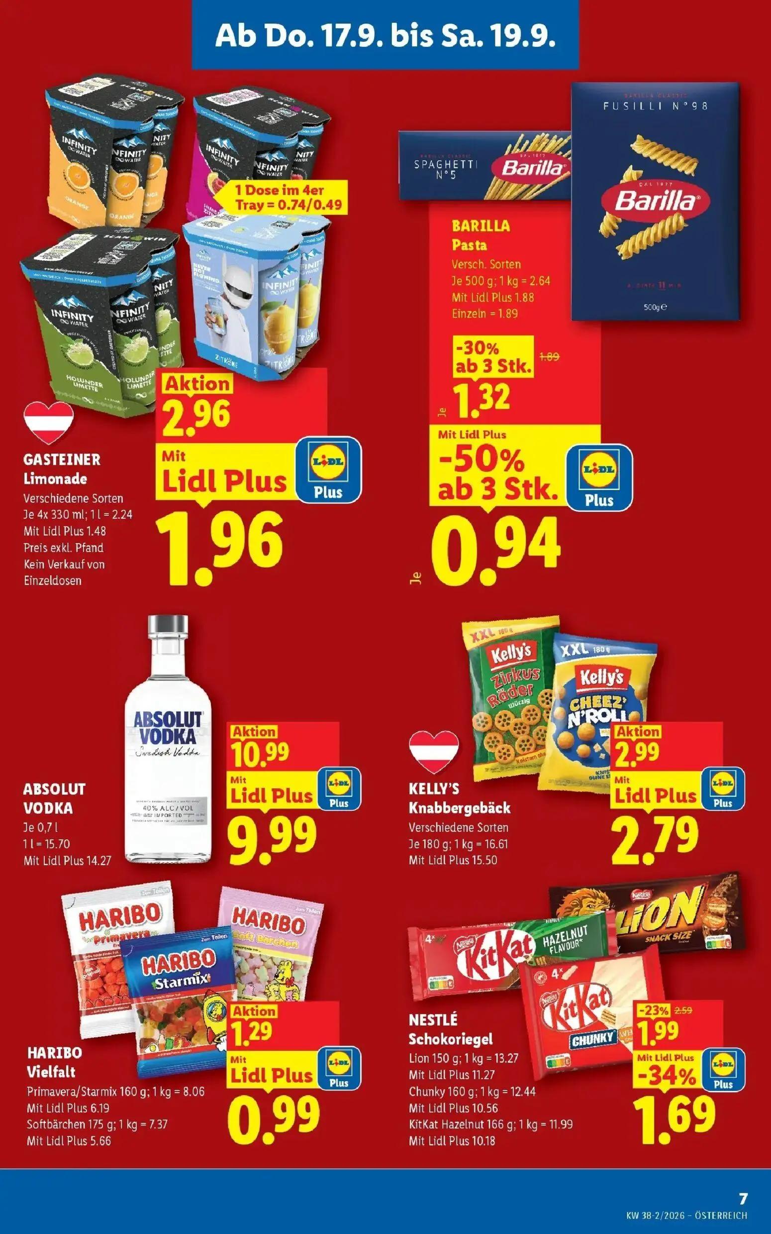 Lidl Prospekt, Seite 9 von 54 — GASTEINER Limonade Verschiedene Sorten, ABSOLUT VODKA, BARILLA Pasta Versch. Sorten