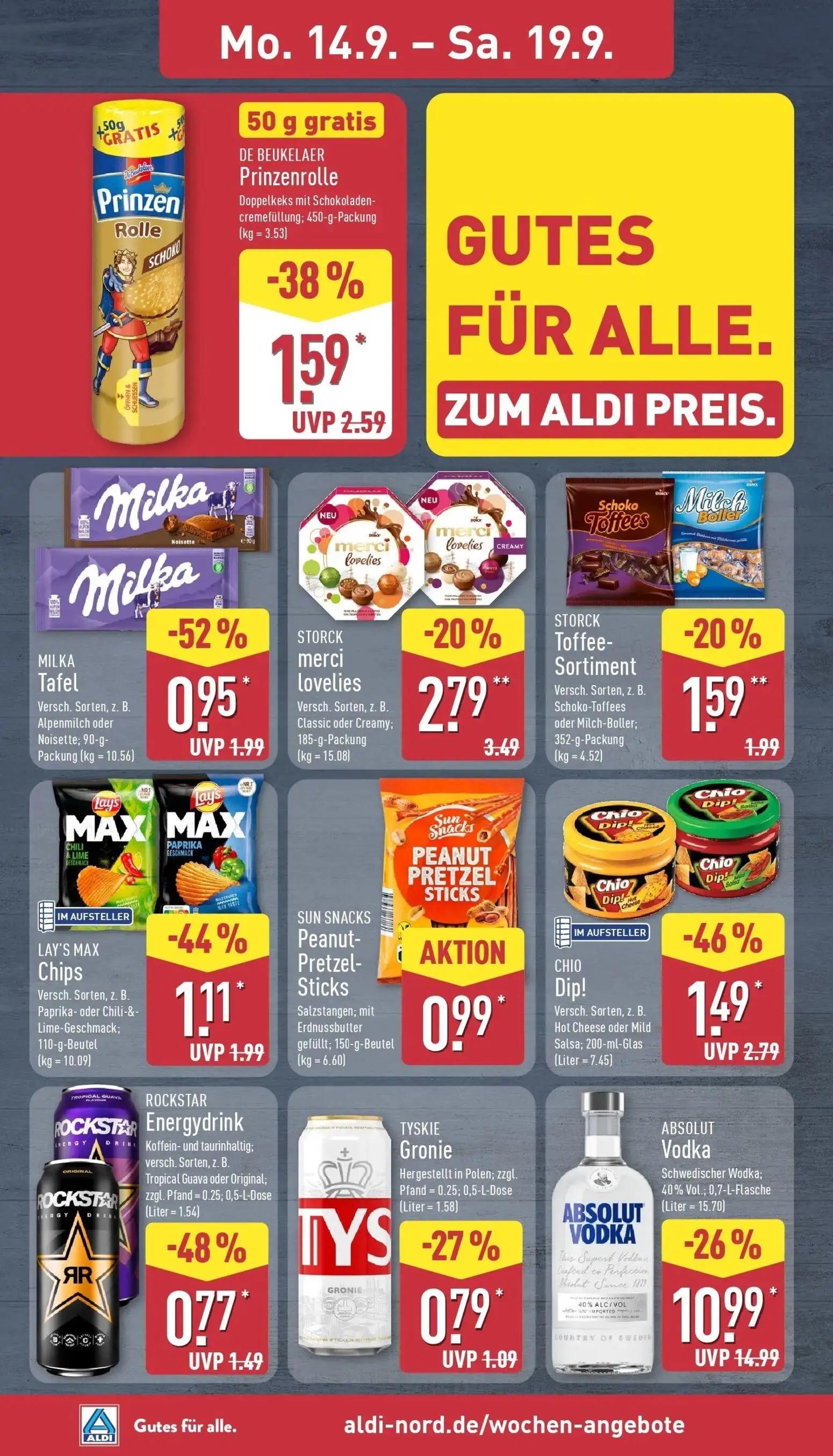 Aldi Nord Prospekt, Seite 8 von 45 — ABSOLUT Vodka, CHIO Dip!, MILKA Tafel