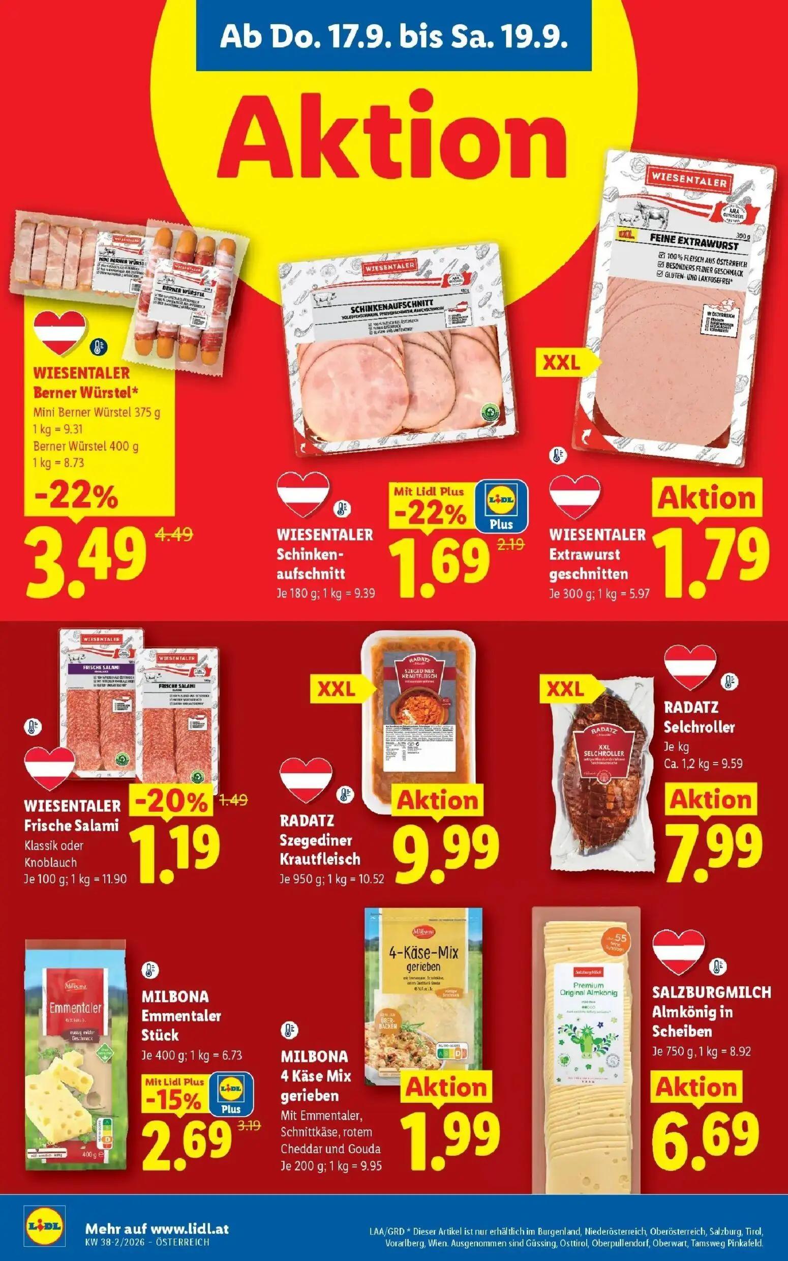 Lidl Prospekt, Seite 10 von 54 — WIESENTALER Berner Würstel*, WIESENTALER Schinken-aufschnitt, MILBONA Emmentaler Stück