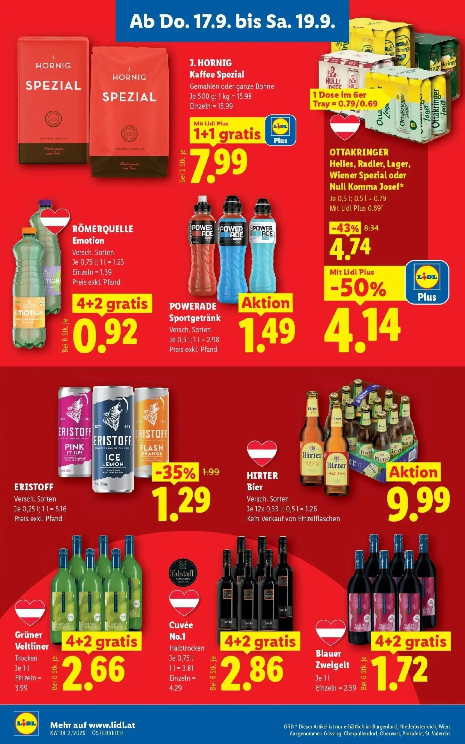 Lidl Prospekt, Seite 12 von 54 — J. HORNIG Kaffee Spezial Gemahlen oder ganze Bohne, OTTAKRINGER Helles, Radler, Lager, Wien…
