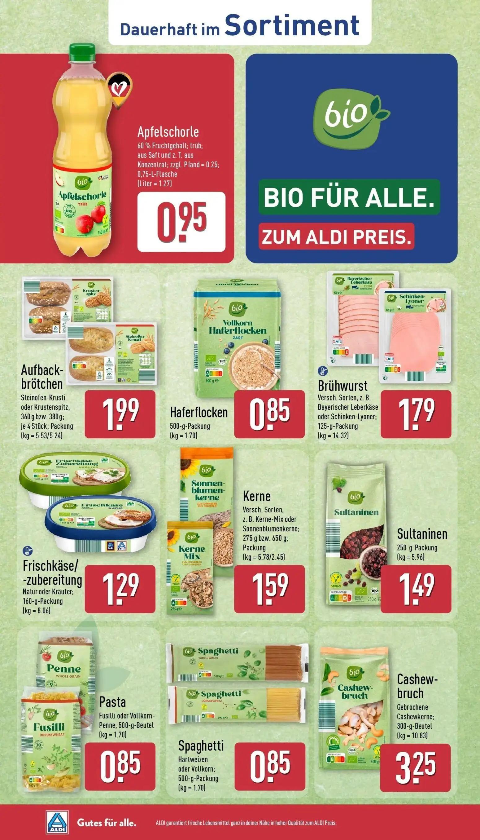 Aldi Nord Prospekt, Seite 12 von 45 — Apfelschorle, Aufbackbrötchen Steinofen-Krusti oder Krustenspitz;, Haferflocken
