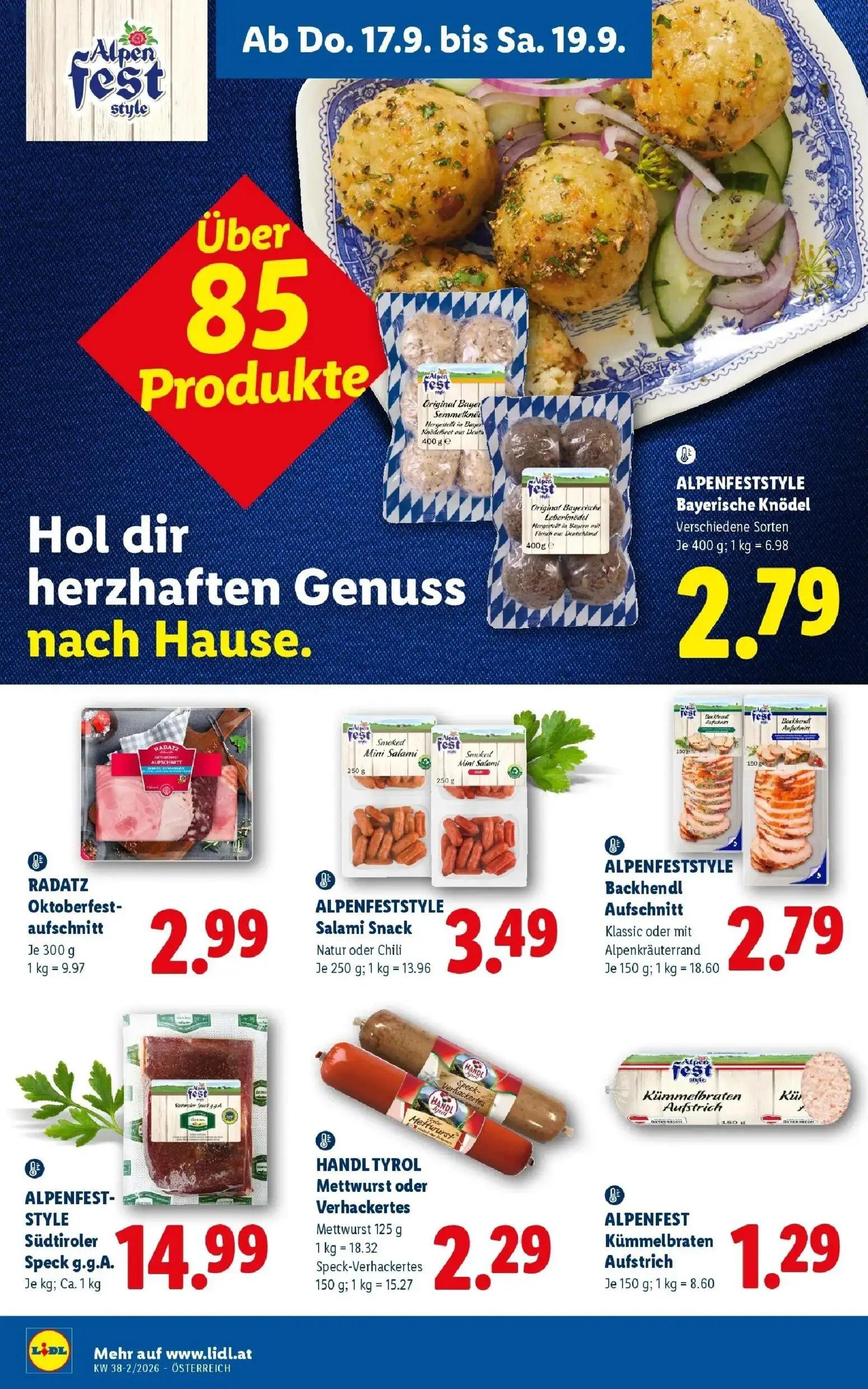 Lidl Prospekt, Seite 14 von 54 — ALPENFESTSTYLE Bayerische Knödel, RADATZ Oktoberfest-aufschnitt, ALPENFESTSTYLE Salami Snack