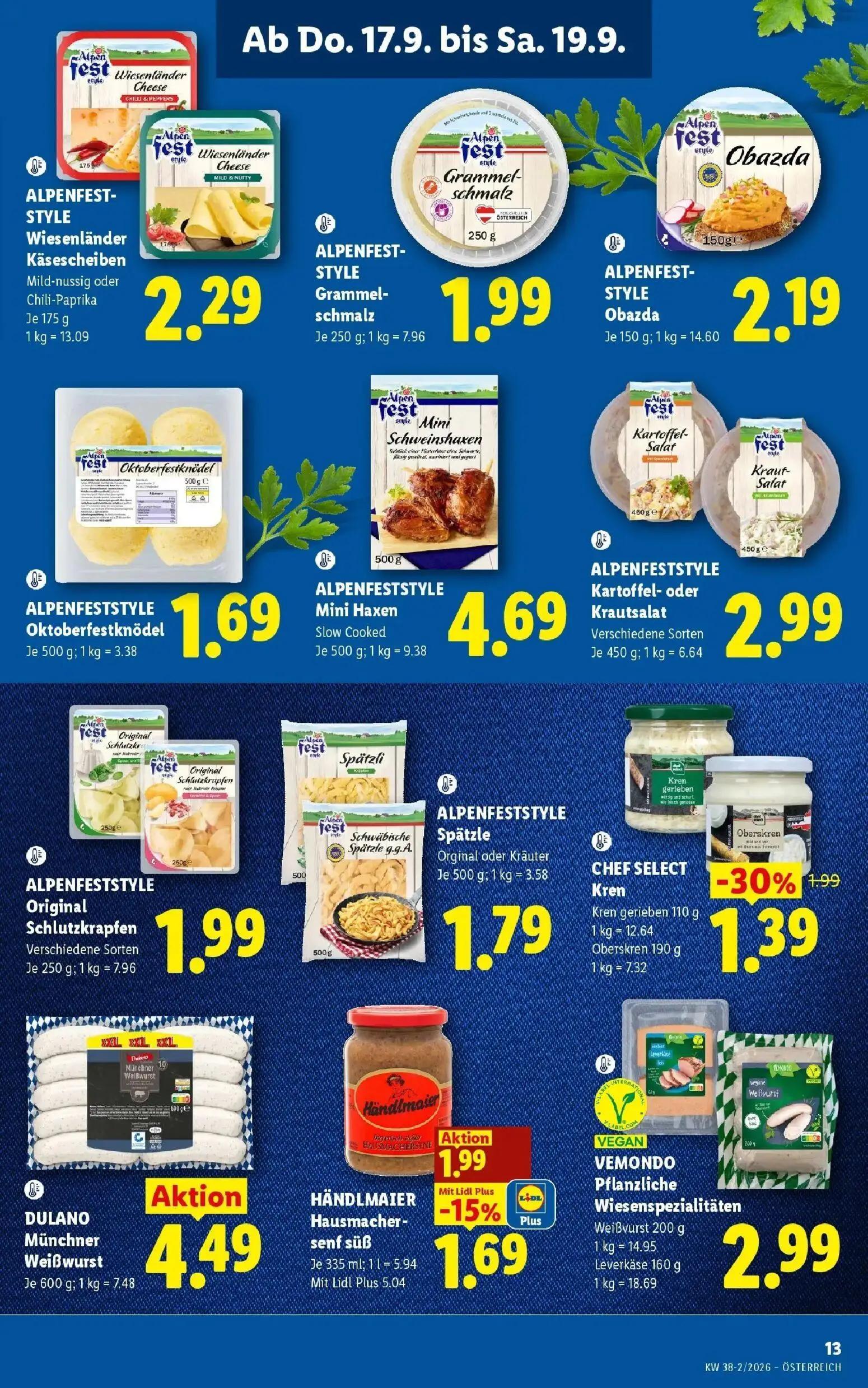 Lidl Prospekt, Seite 15 von 54 — CHEF SELECT Kren, HÄNDLMAIER Hausmacher-senf süß, ALPENFEST-STYLE Wiesenländer Käsescheiben