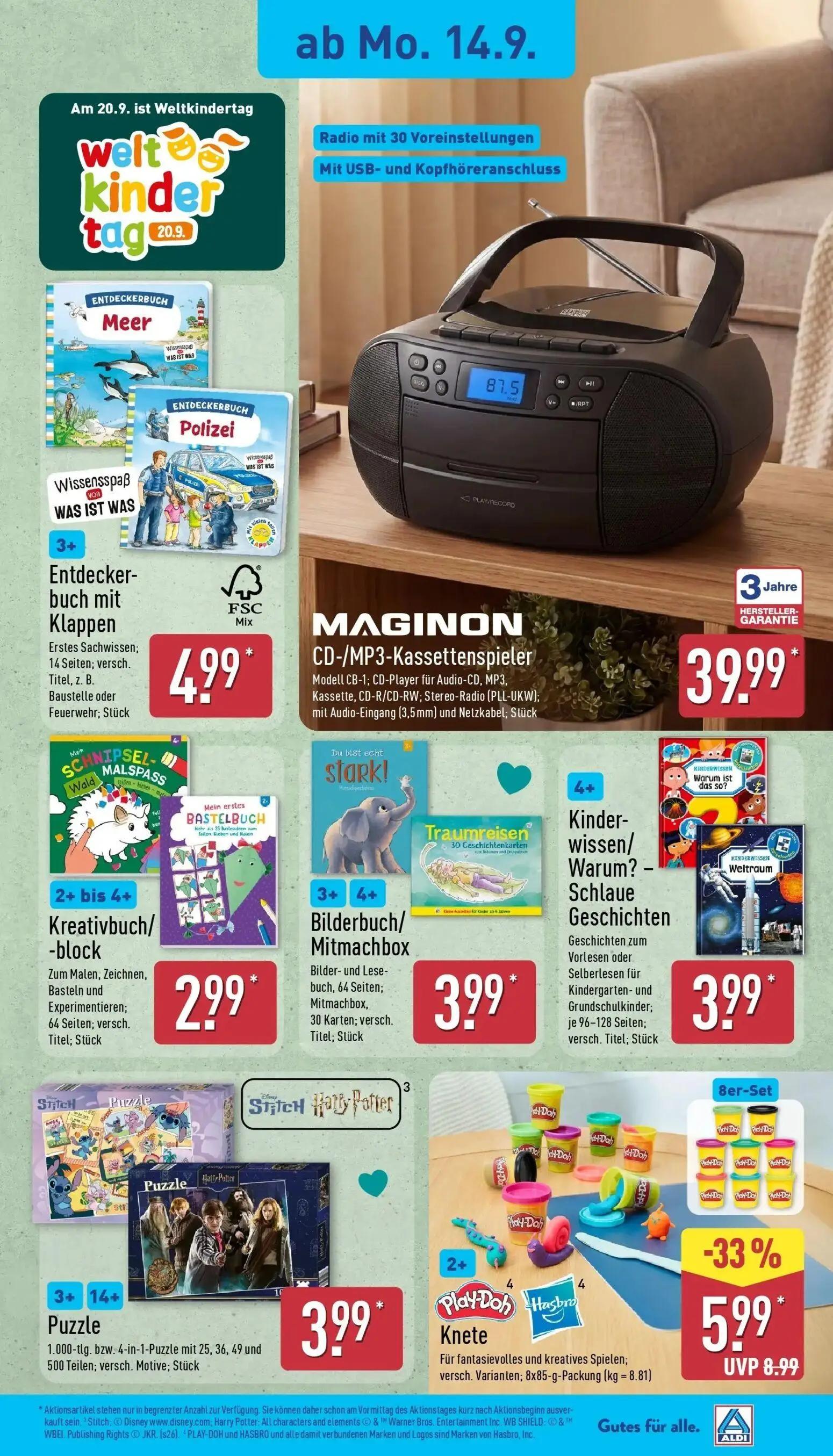 Aldi Nord Prospekt, Seite 15 von 45 — Play-Doh Knete, Entdeckerbuch mit Klappen, MAGINON CD-/MP3-Kassettenspieler