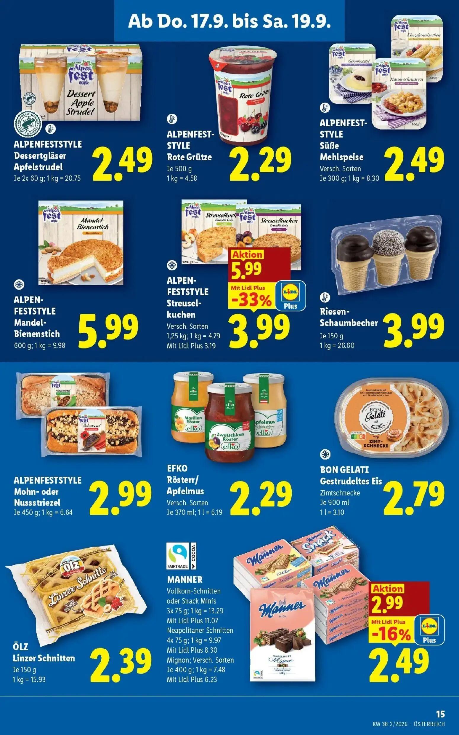 Lidl Prospekt, Seite 17 von 54 — ALPEN-FESTSTYLE Streuselkuchen, MANNER Vollkorn-Schnitten oder Snack Minis, ALPENFESTSTYLE …