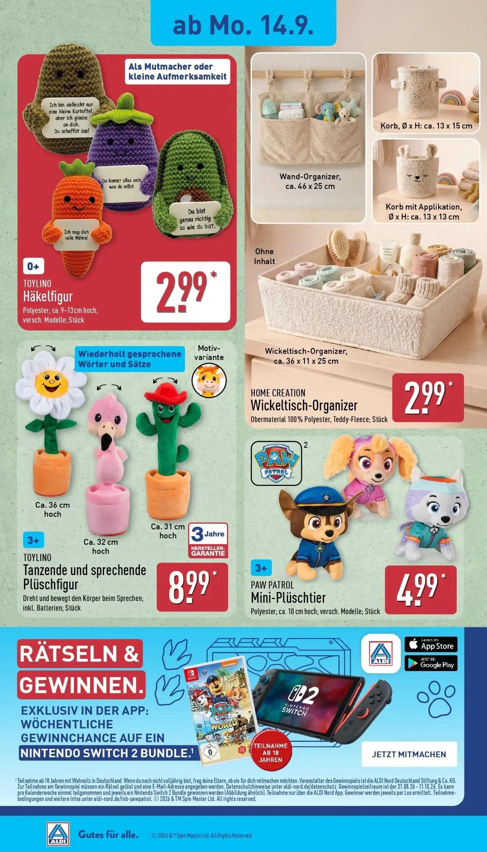 Aldi Nord Prospekt, Seite 16 von 45 — Häkelfigur, Wickeltisch-Organizer, Tanzende und sprechende Plüschfigur