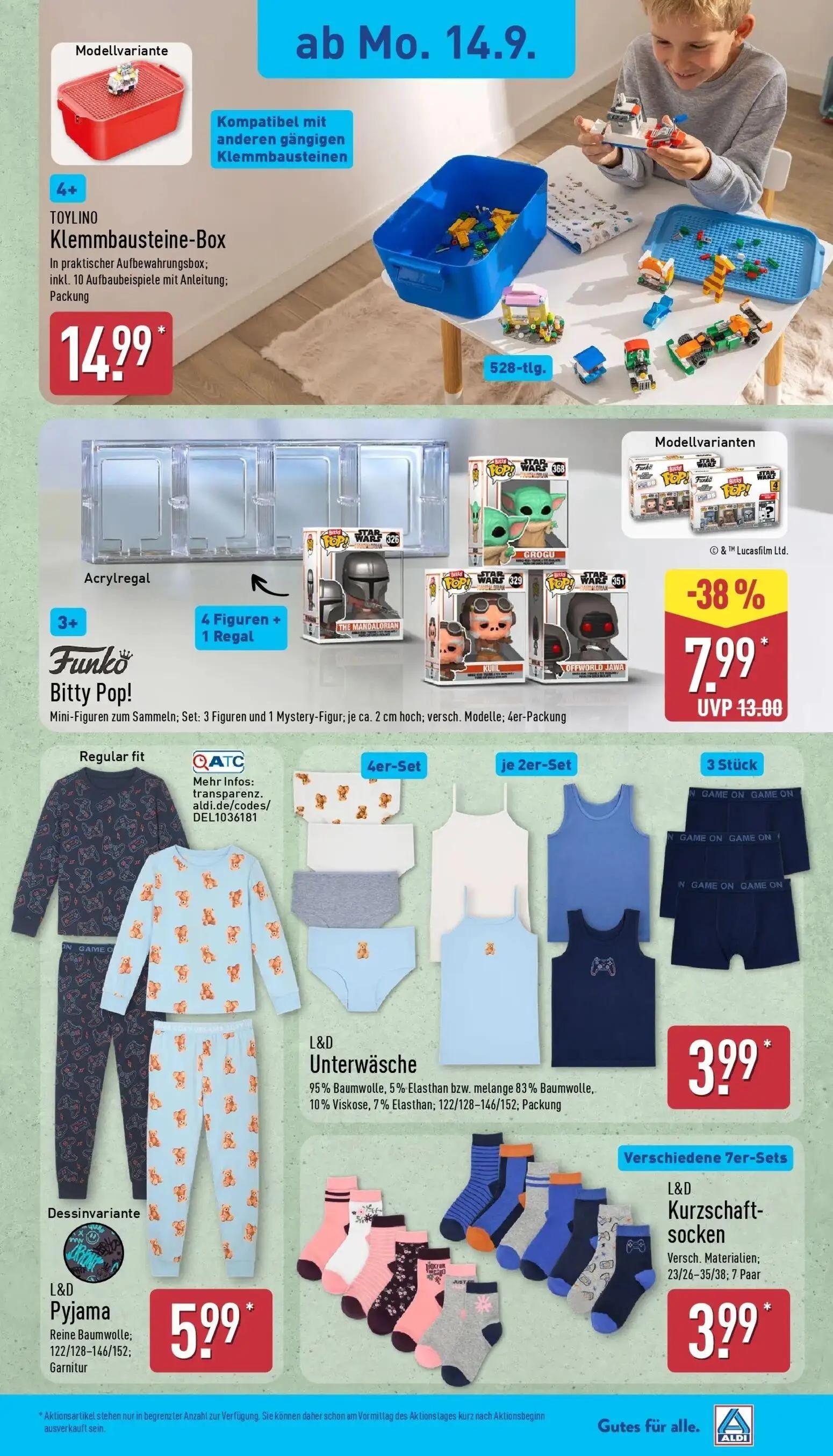 Aldi Nord Prospekt, Seite 17 von 45 — Funko Bitty Pop!, TOYLINO Klemmbausteine-Box, L&D Unterwäsche