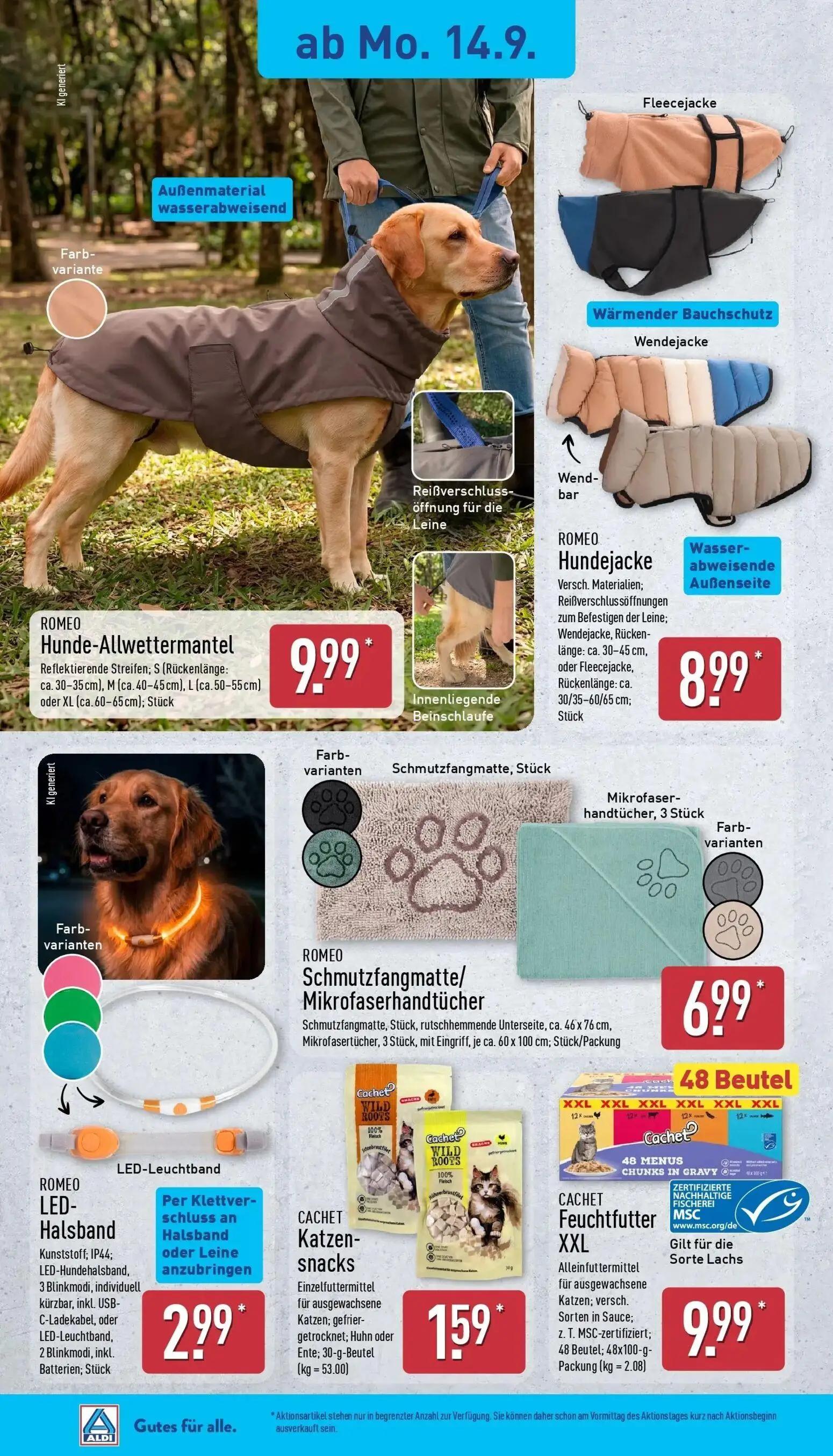 Aldi Nord Prospekt, Seite 20 von 45 — ROMEO Hunde-Allwettermantel, ROMEO Hundejacke, ROMEO Schmutzfangmatte/Mikrofaserhandtü…