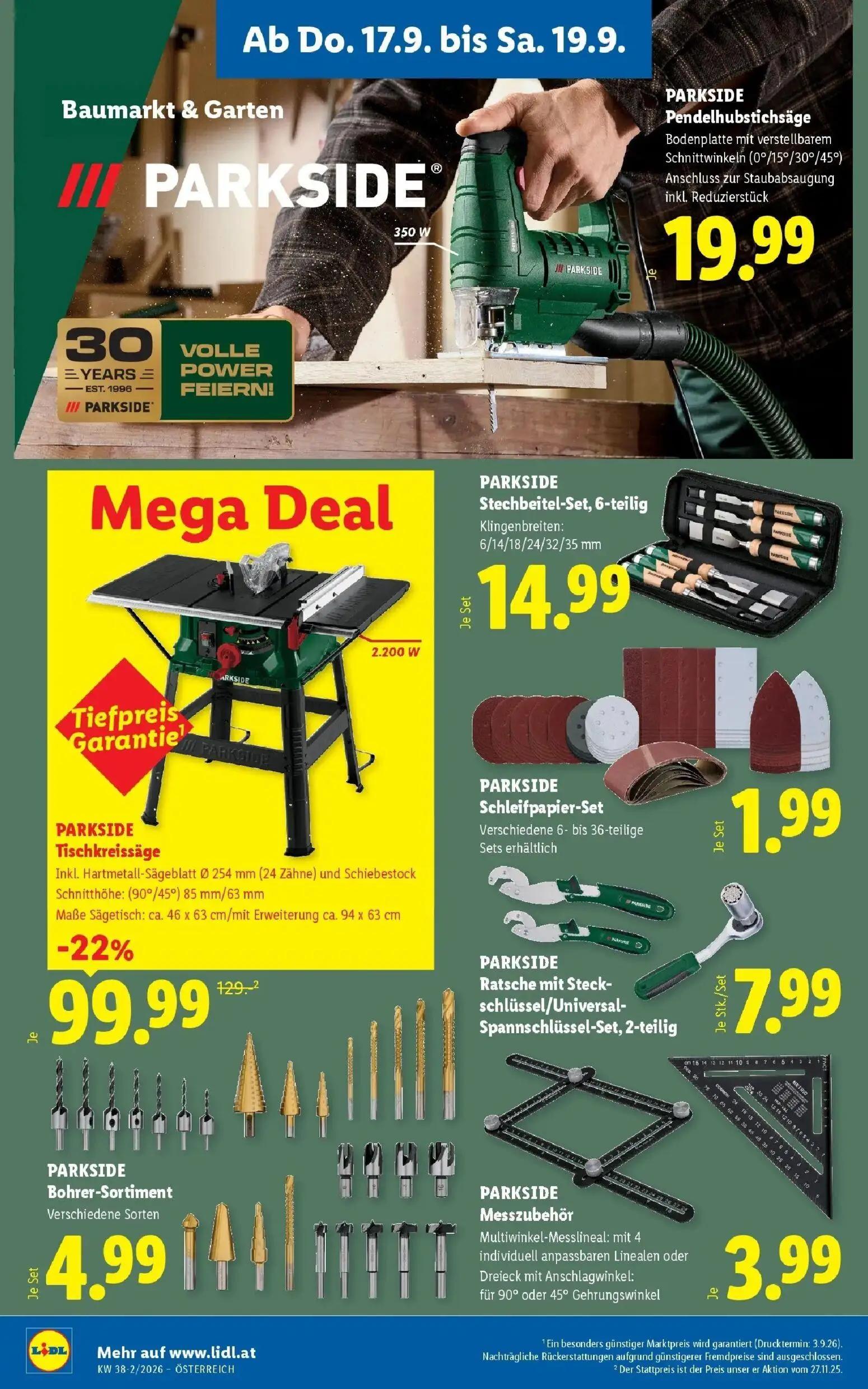 Lidl Prospekt, Seite 22 von 54 — PARKSIDE Tischkreissäge, PARKSIDE Pendelhubstichsäge, PARKSIDE Stechbeitel-Set, 6-teilig