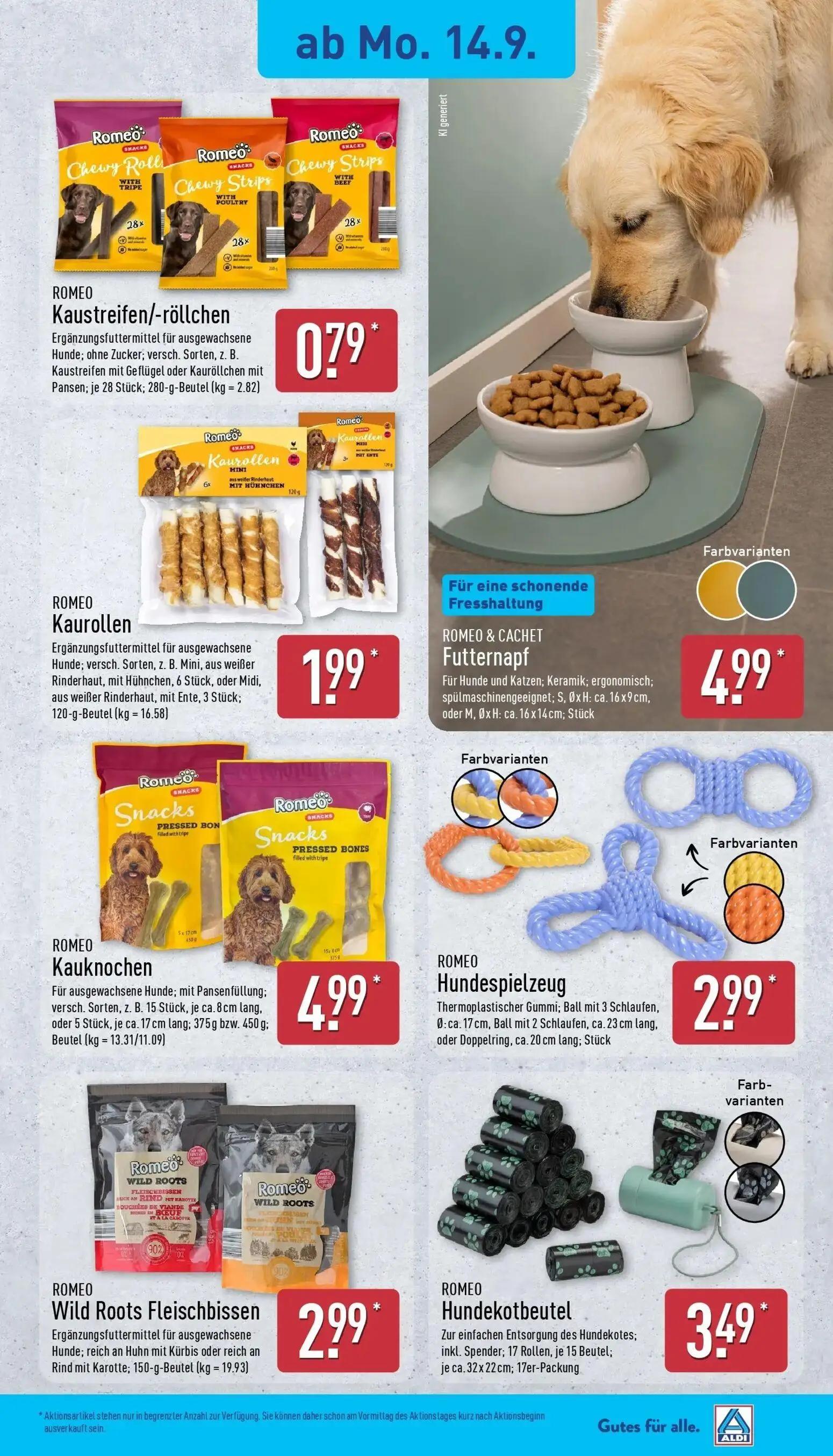 Aldi Nord Prospekt, Seite 21 von 45 — ROMEO Kaustreifen/-röllchen, ROMEO Kaurollen, ROMEO & CACHET Futternapf