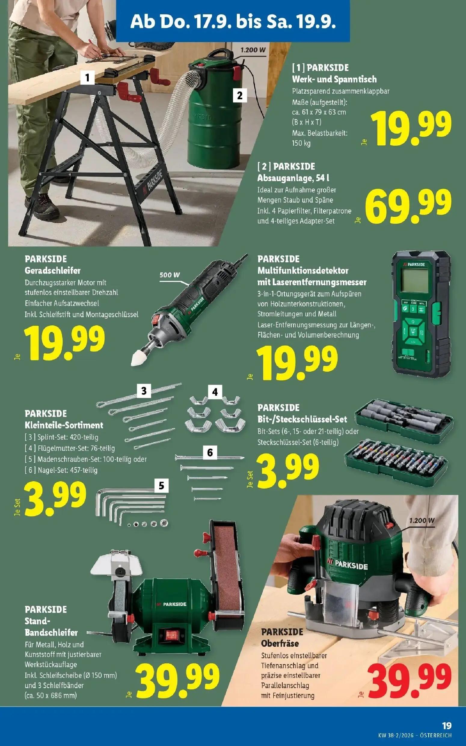 Lidl Prospekt, Seite 23 von 54 — [1] PARKSIDE Werk- und Spanntisch, [2] PARKSIDE Absauganlage, PARKSIDE Geradschleifer