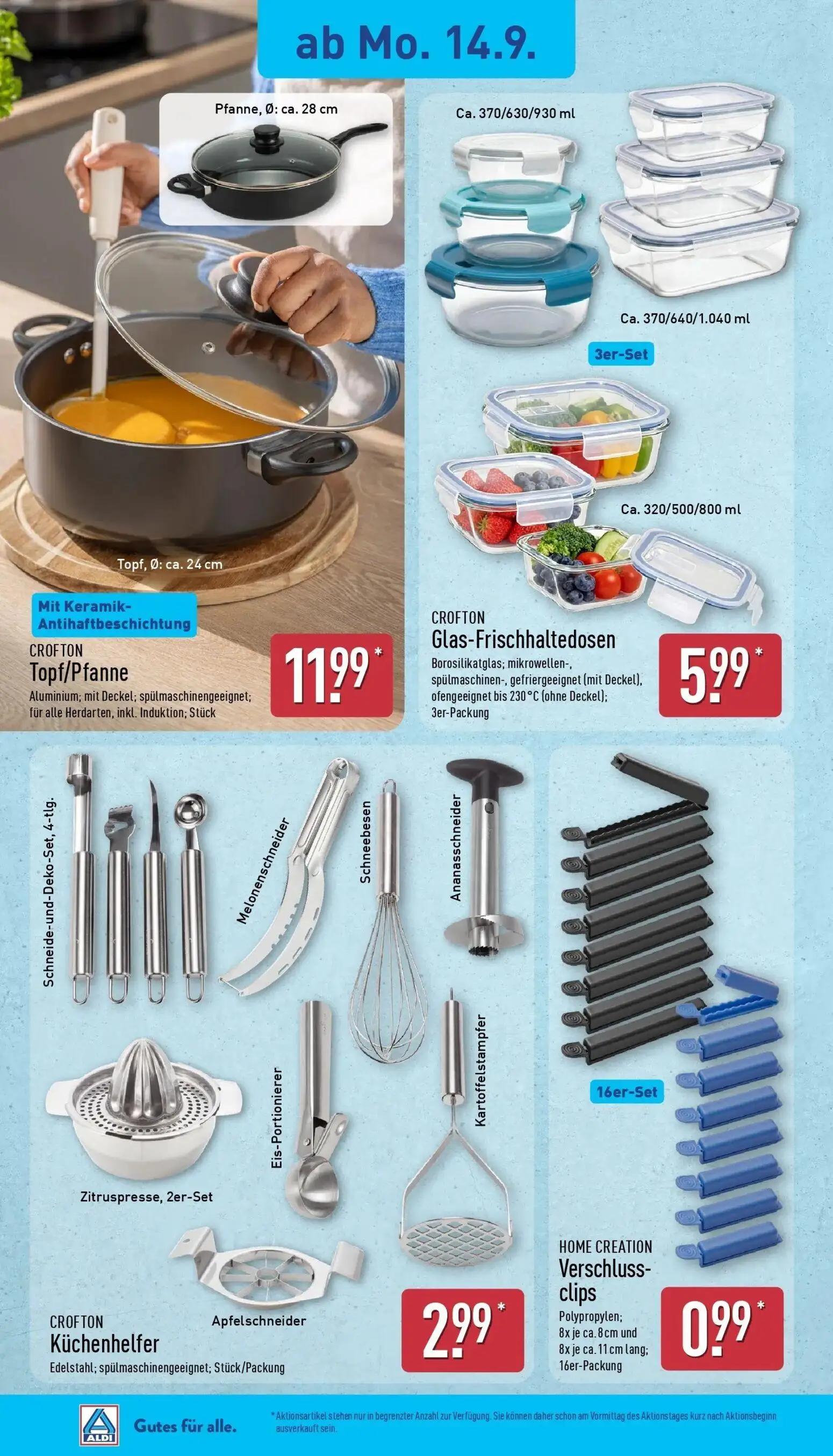 Aldi Nord Prospekt, Seite 22 von 45 — Topf/Pfanne, Glas-Frischhaltedosen, Küchenhelfer